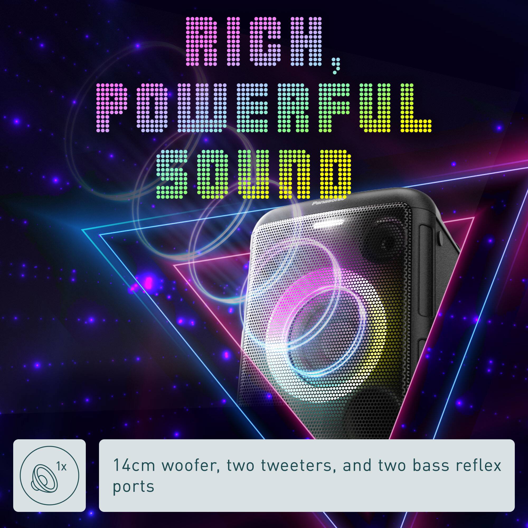 Rich, Powerful Sound: 1x 14cm woofer, two tweeters, and two bass reflex ports.