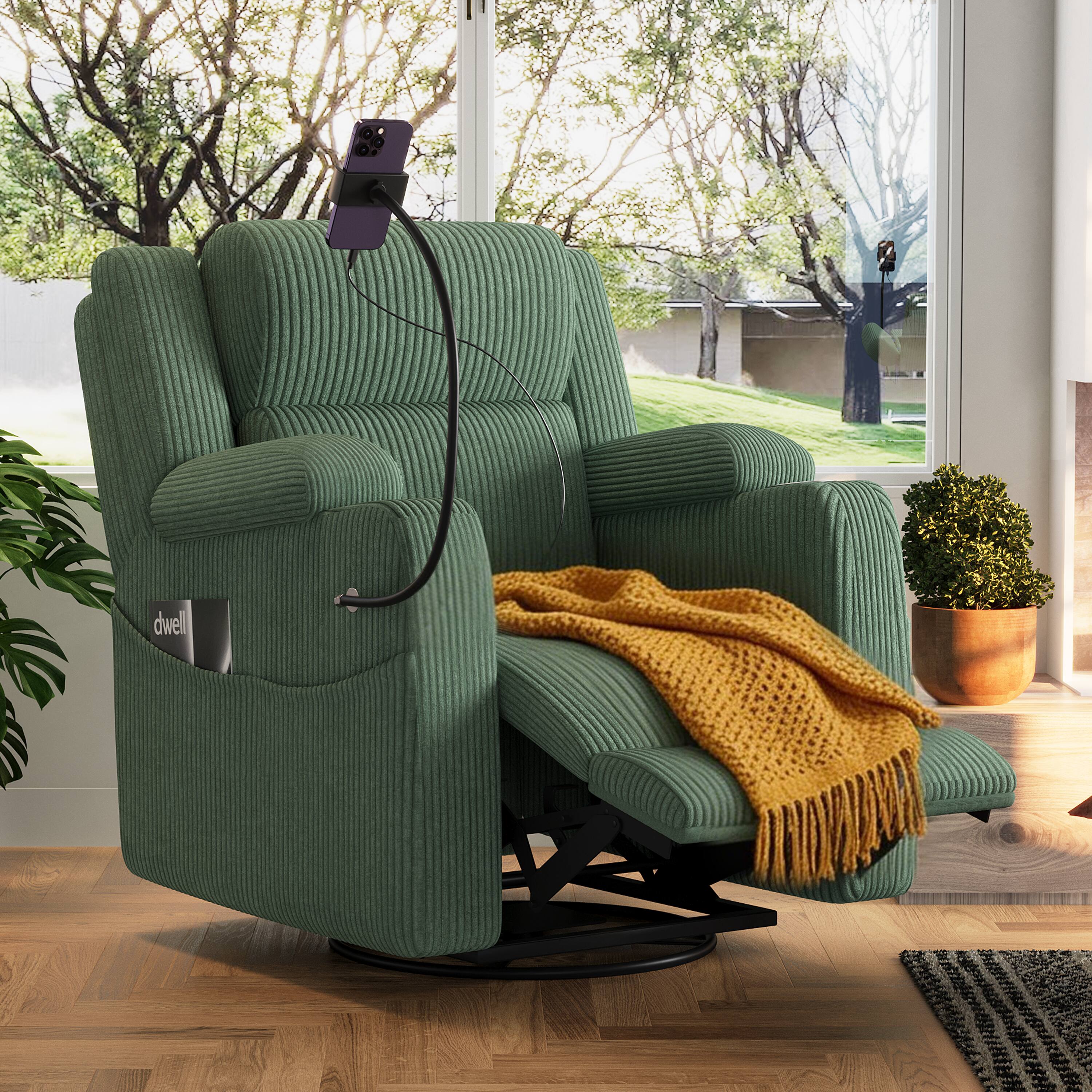 Left. Anysun - 270° Swivel Electric Power Recliner Chair with Phone Holder & USB Ports, Side Pockets, Cup Holder - Green.
