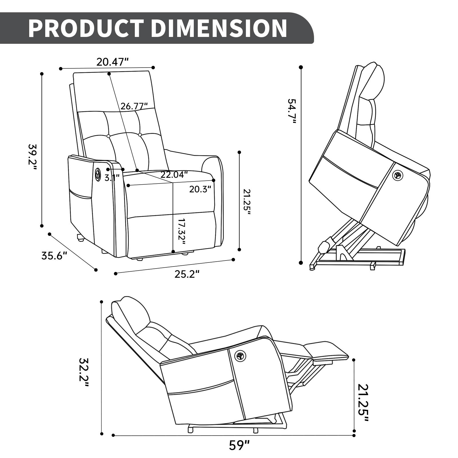 PRODUCT DIMENSION

- 20.47"
- 39.2"
- 35.6"
- 26.77"
- 22.04"
- 20.3"
- 17.32"
- 21.25"
- 54.7"
- 25.2"
- 32.2"
- 59"
- 21.25"