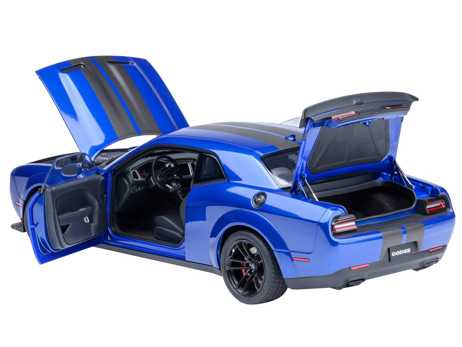 Alt View 1. Autoart - 2022 Dodge Challenger SRT Jailbreak Indigo Blue Metallic with Carbon Stripes 1/18 Model Car by Autoart.