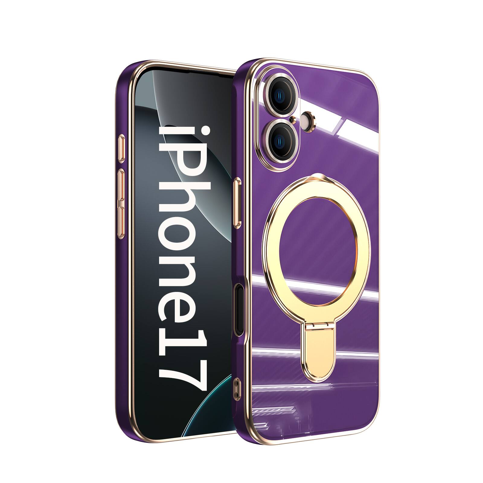 Front. Dteck - Mag Safe Case for Apple iPhone 17,Slim Shockproof TPU Case with Metal Stand Plated Bumper Bulit in Tempered Lens Film - Darkpurple.