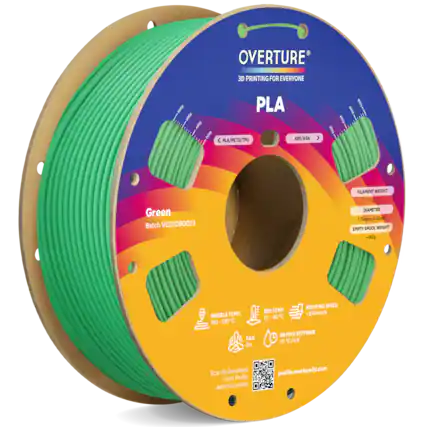 OVERTURE 3D PRINTING FOR EVERYONE
Boce PLA
Boce Ang A ABS/ASA { PLA/PETG/TPU ( Varin wur Spon SoT Green Batch VC01DB0023
FILAMENT WEIGHT 1kg
DIAMETER 1.75mm ±0.02mm
EMPTY SPOOL WEIGHT -142g
PRINTING SPEED
BED TEMP. 35 - 60°C
NOZZLE TEMP. 190-230°C
DRYING SETTINGS
FAN 6h 55°C On
Scan to Download Print Profile and Instruction profile.overture3d.com