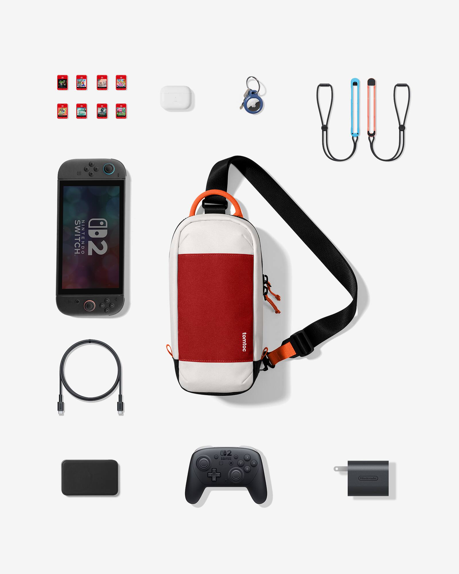 The image shows a collection of items, including a red and white backpack, a cell phone, a Nintendo Switch, and various other accessories. The items are arranged in a visually appealing manner, with the backpack and cell phone placed in the center, while the Nintendo Switch is positioned to the left. The other accessories are scattered around the main items, creating a sense of organization and order.