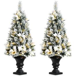 Costway - Set of 2 Pre-lit 4ft Snowy Christmas Entrance Tree 4FT w/ 100 LED Lights - Green