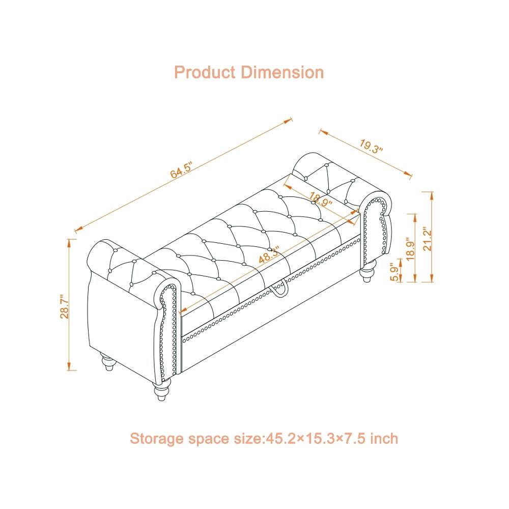 Product Dimension  
28.7"  
64.5"  
48.3"  
18.9"  
19.3" 5.9" 5.  
18.9"  
21.2"  
L  
Storage space size: 45.2x15.3x7.5 inch