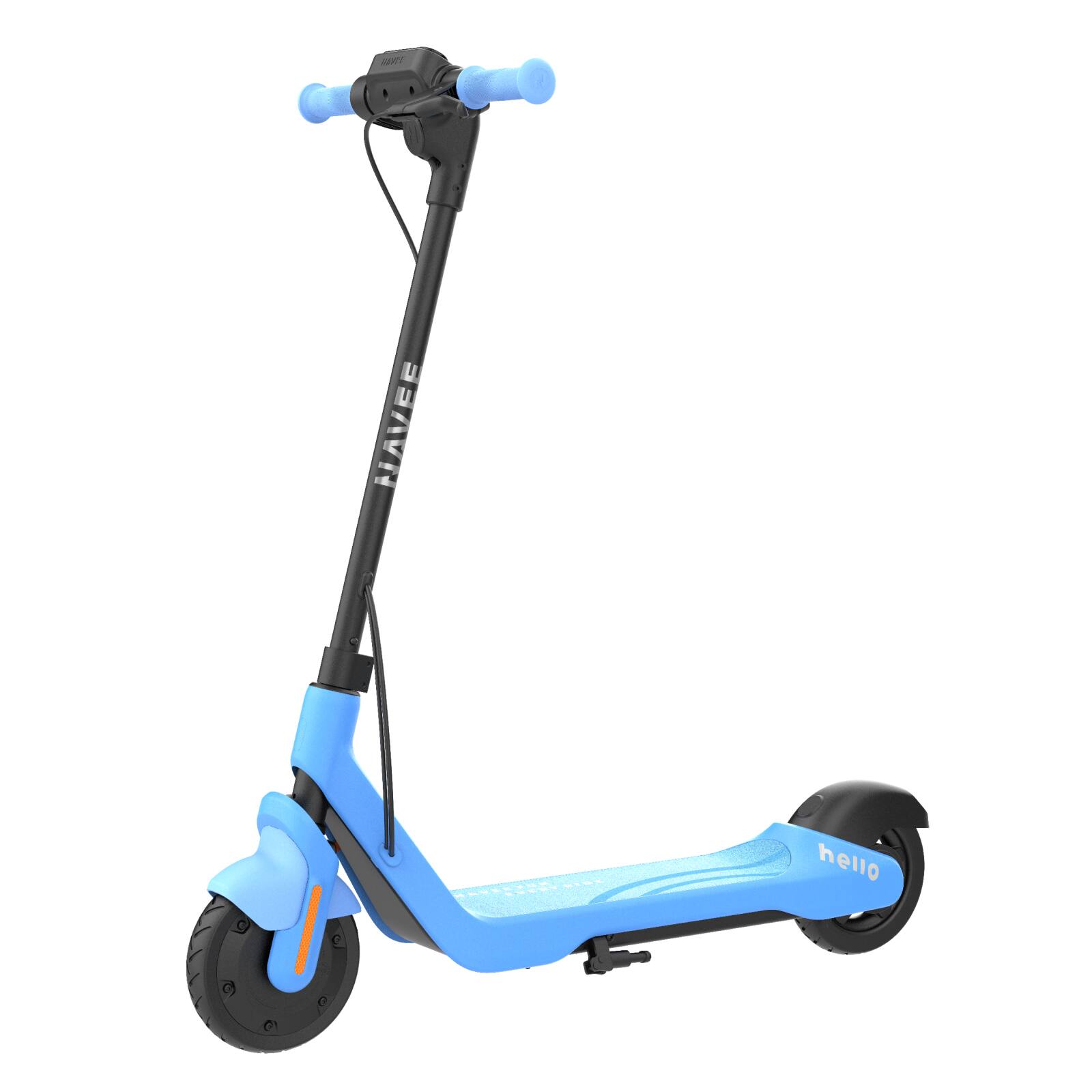 The text on the image reads:

- "RAVER" on the stem of the scooter.
- "hello" on the deck of the scooter.