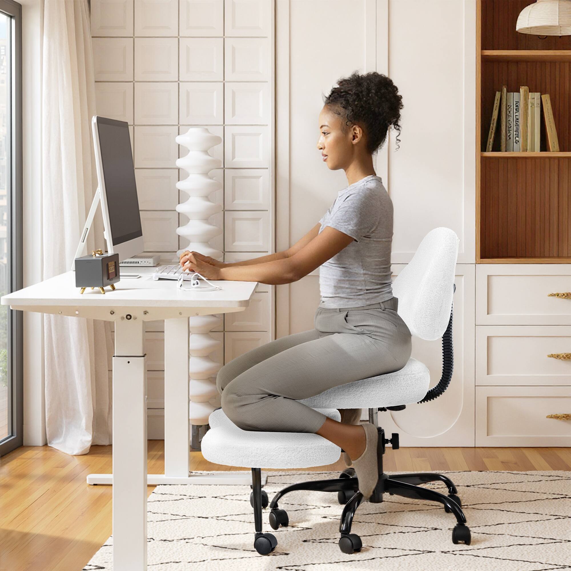 KERDOM - Ergonomic Cross-Legged Office Chair with Wheels, Meditation & Kneeling Chair for ADHD, Wool Fabric Wide Seat 360° Swivel - Wool White