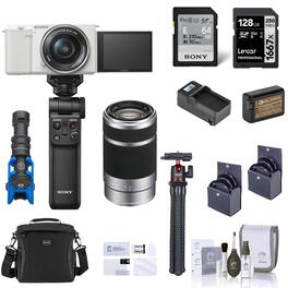 Bundle - Sony - ZV-E10 Mirrorless Camera, White w/16-50mm & 55-210mm Lens, Silver, w/GP-VPT3 Shooting Grip, Memory Card,