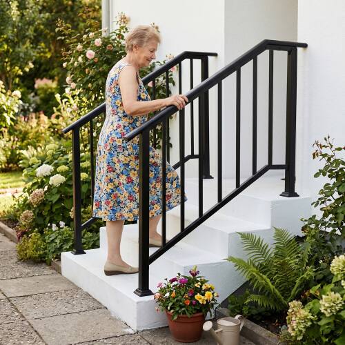 Alt View 7. Winado - Handrails 3-Step with Straight End, Wrought Iron Stair Railing for Concrete Indoor Outdoor Steps Fits Garden Porch - Black.