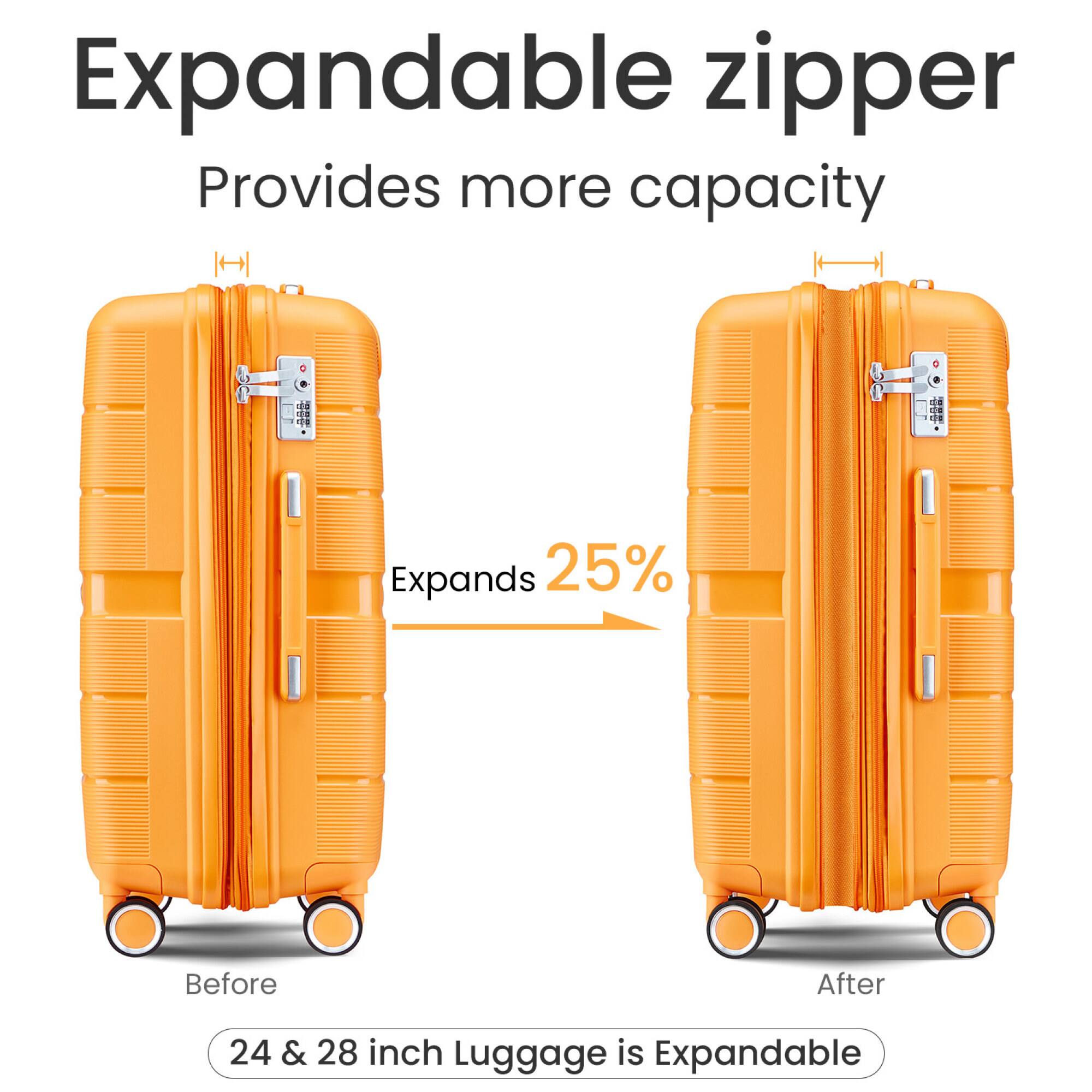 Expandable zipper  
Provides more capacity  

Expands 25%  

Before  
After  

24 & 28 inch Luggage is Expandable