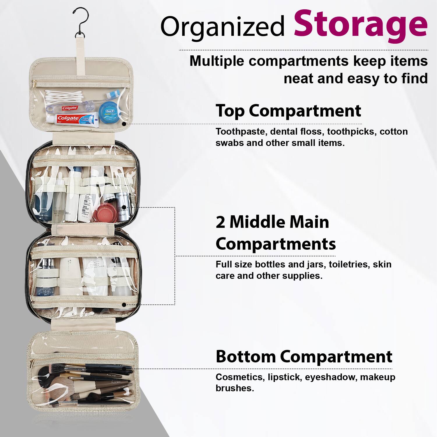 Organized Storage  
Multiple compartments keep items neat and easy to find  

Top Compartment  
Toothpaste, dental floss, toothpicks, cotton swabs and other small items.  

2 Middle Main Compartments  
Full size bottles and jars, toiletries, skin care and other supplies.  

Bottom Compartment  
Cosmetics, lipstick, eyeshadow, makeup brushes.