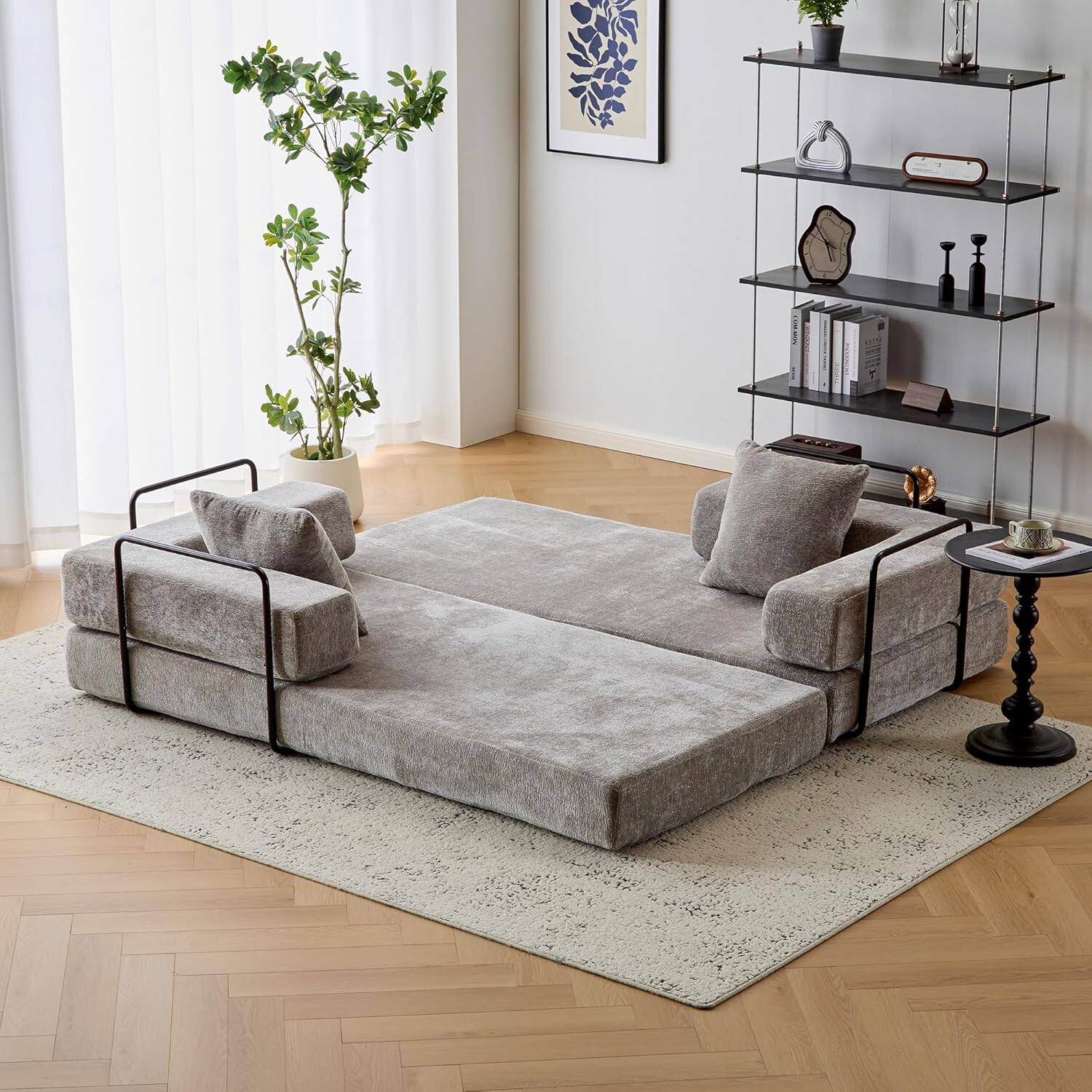 Alt View 6. Trinkets Crazed - Convertible Floor Sofa Bed with Fixed-Shape Frame, Chenille Boneless Sofa Folding Mattress Couch with Armrest - light gray.