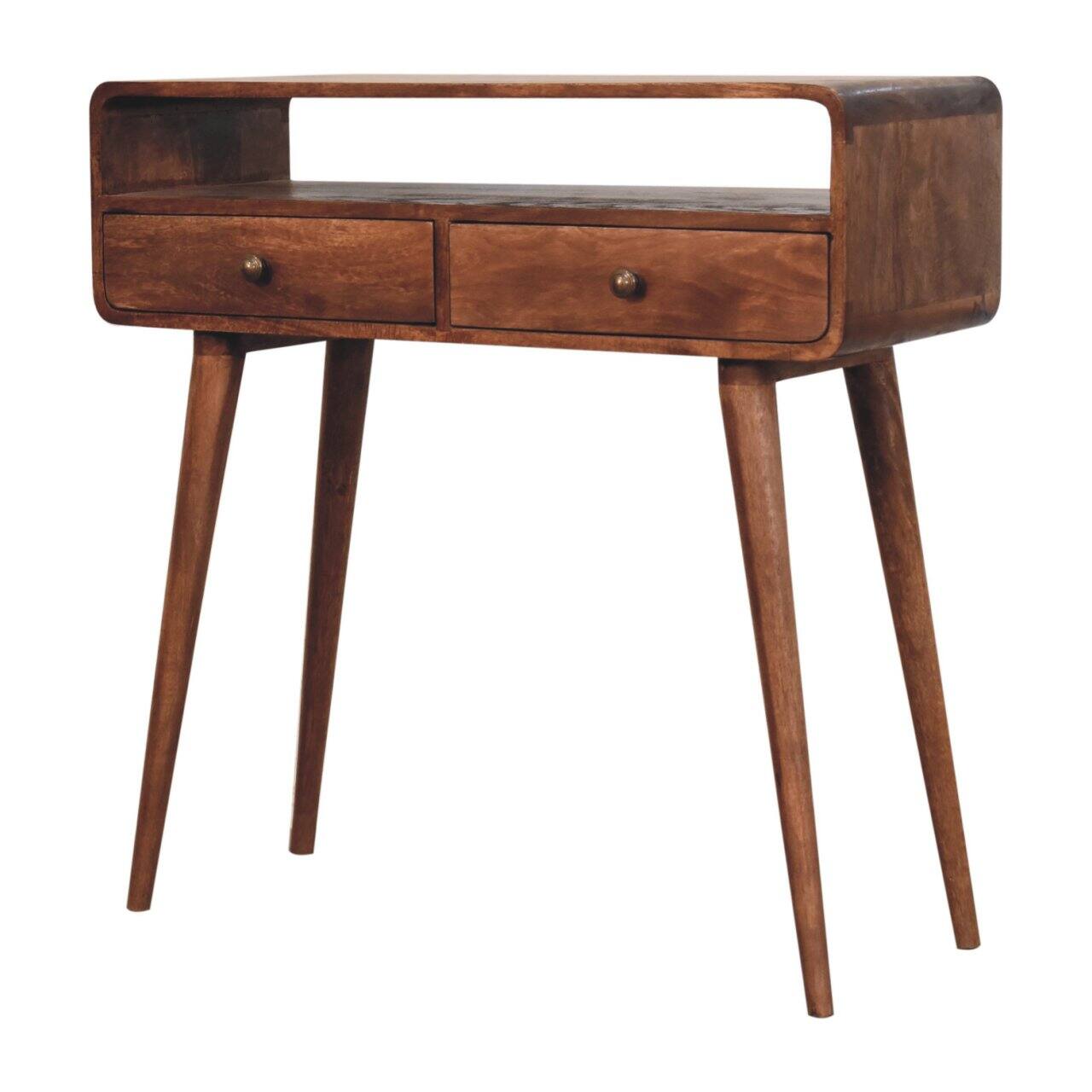 Left. Artisan Furniture - Artisan Furniture Solid Wood Curved Honey Caramel Console Table, 2 Drawer - Brown.