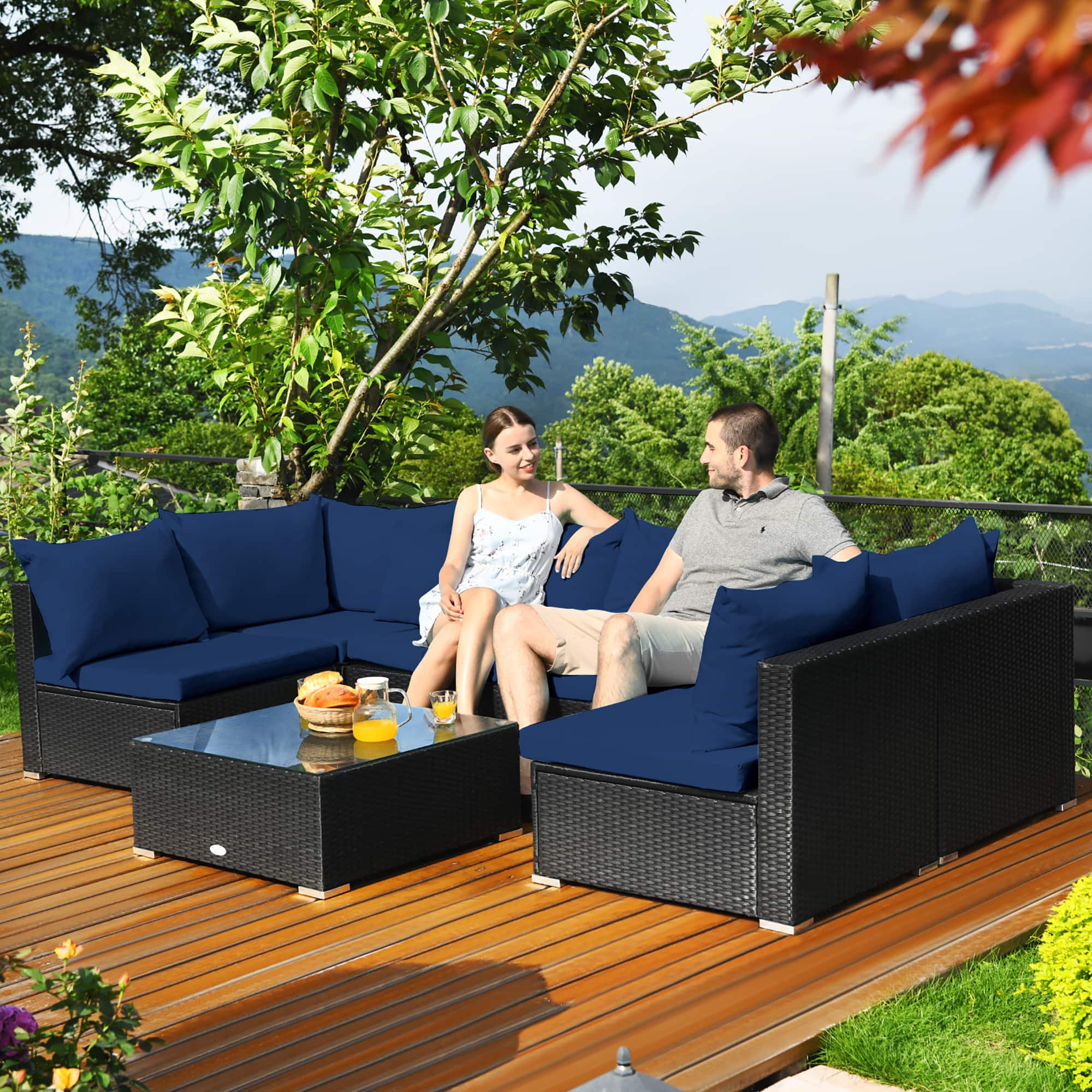 Costway - 7PCS Patio Rattan Sofa Set Sectional Conversation Furniture Set Garden - Navy