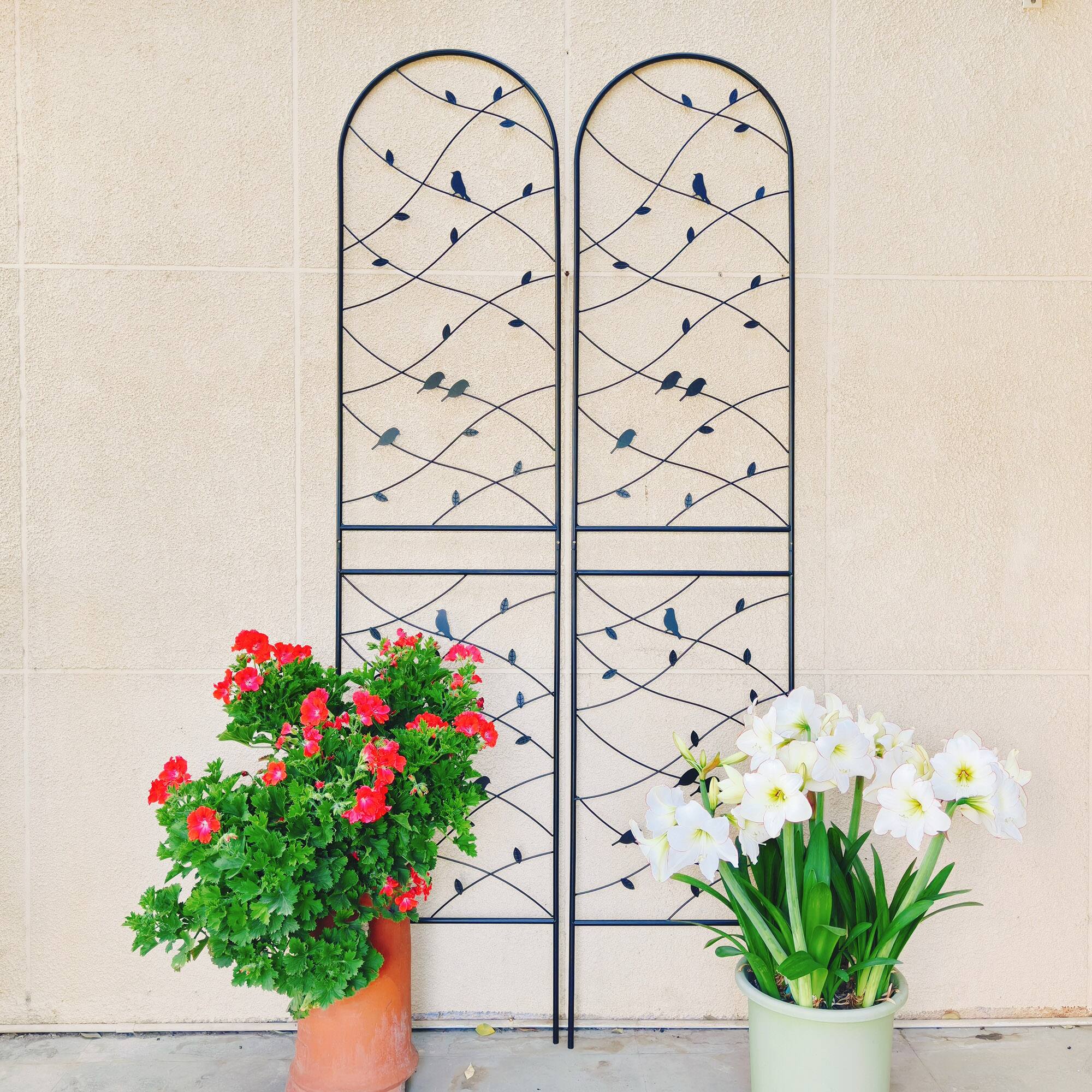 Left. Loheer - 2 Pack Metal Garden Trellis 7.2 ft x 1.6 ft Rustproof Climbing Plant Support - Black.