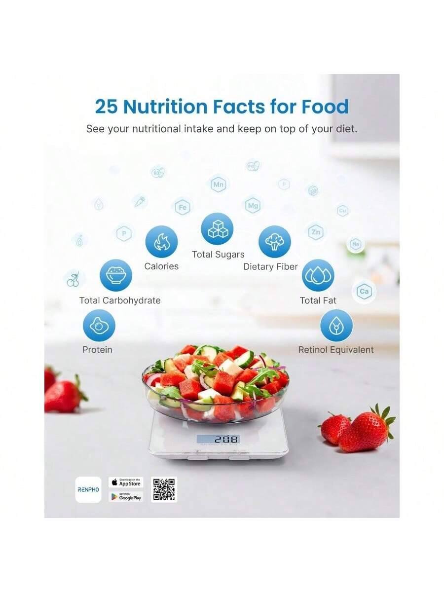 25 Nutrition Facts for Food  
See your nutritional intake and keep on top of your diet.  

- Total Sugars  
- Calories  
- Total Carbohydrate  
- Protein  
- Dietary Fiber  
- Total Fat  
- Retinol Equivalent  

Mn Fe Mg Cu P Zn Ca  

RENPHO  
App Store - Google Play