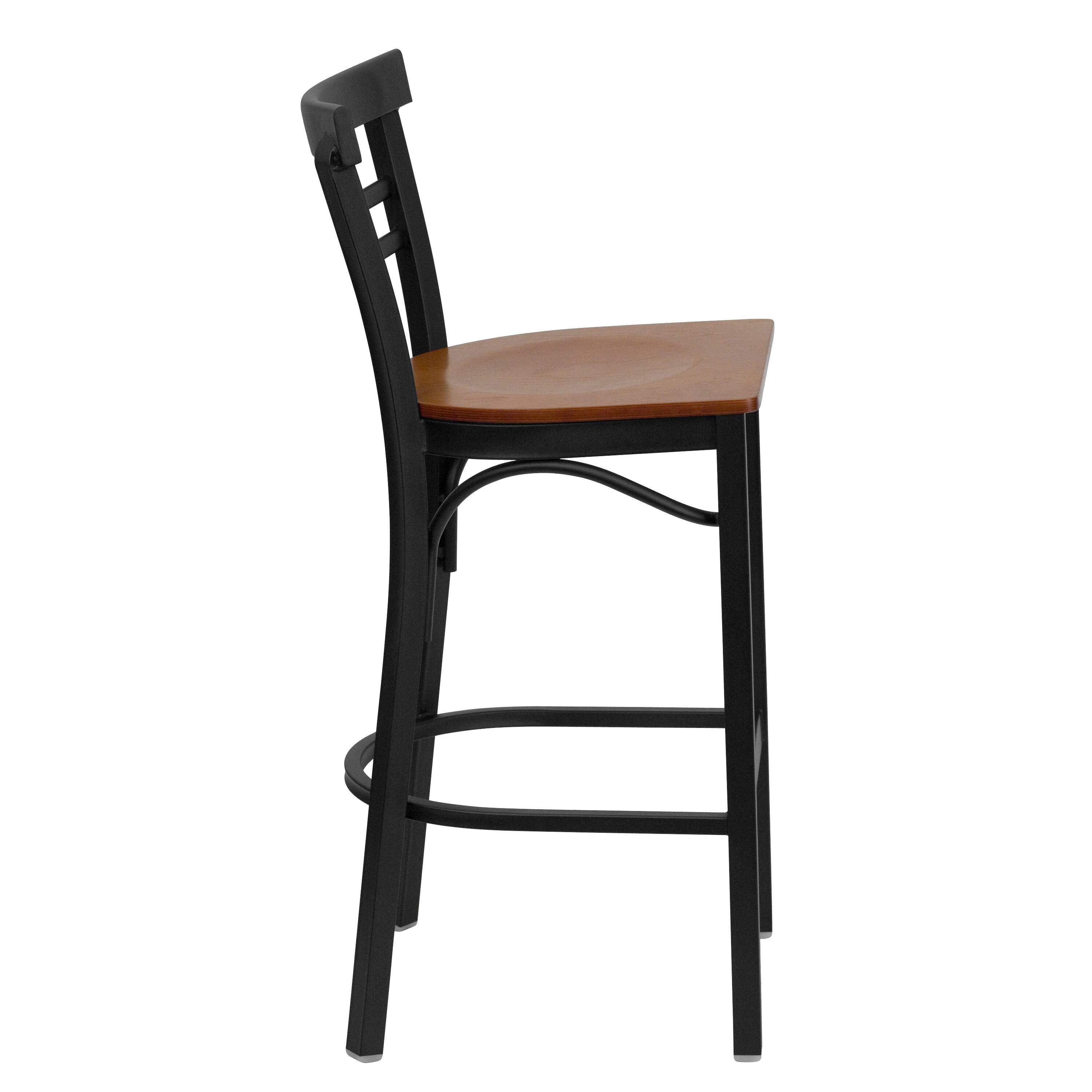 Alt View 4. Emma + Oliver - Two-Slat Ladder Back Metal Restaurant Dining Barstool - Cherry Wood Seat/Black Metal Frame.