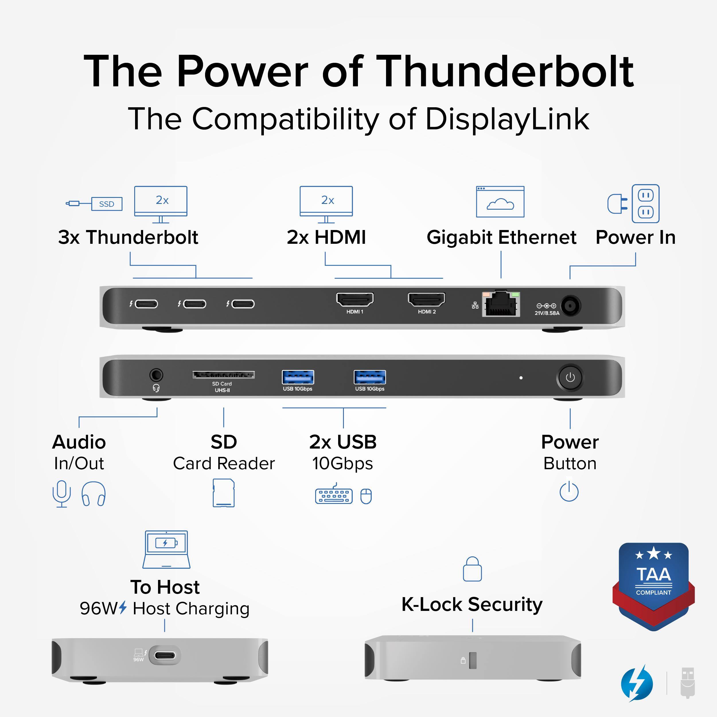 The Power of Thunderbolt
The Compatibility of DisplayLink
3x Thunderbolt
2x HDMI
Gigabit Ethernet
Power In
Audio In/Out
SD Card Reader
2x USB 10Gbps
Power Button
To Host 96W Host Charging
K-Lock Security
TAA COMPLIANT