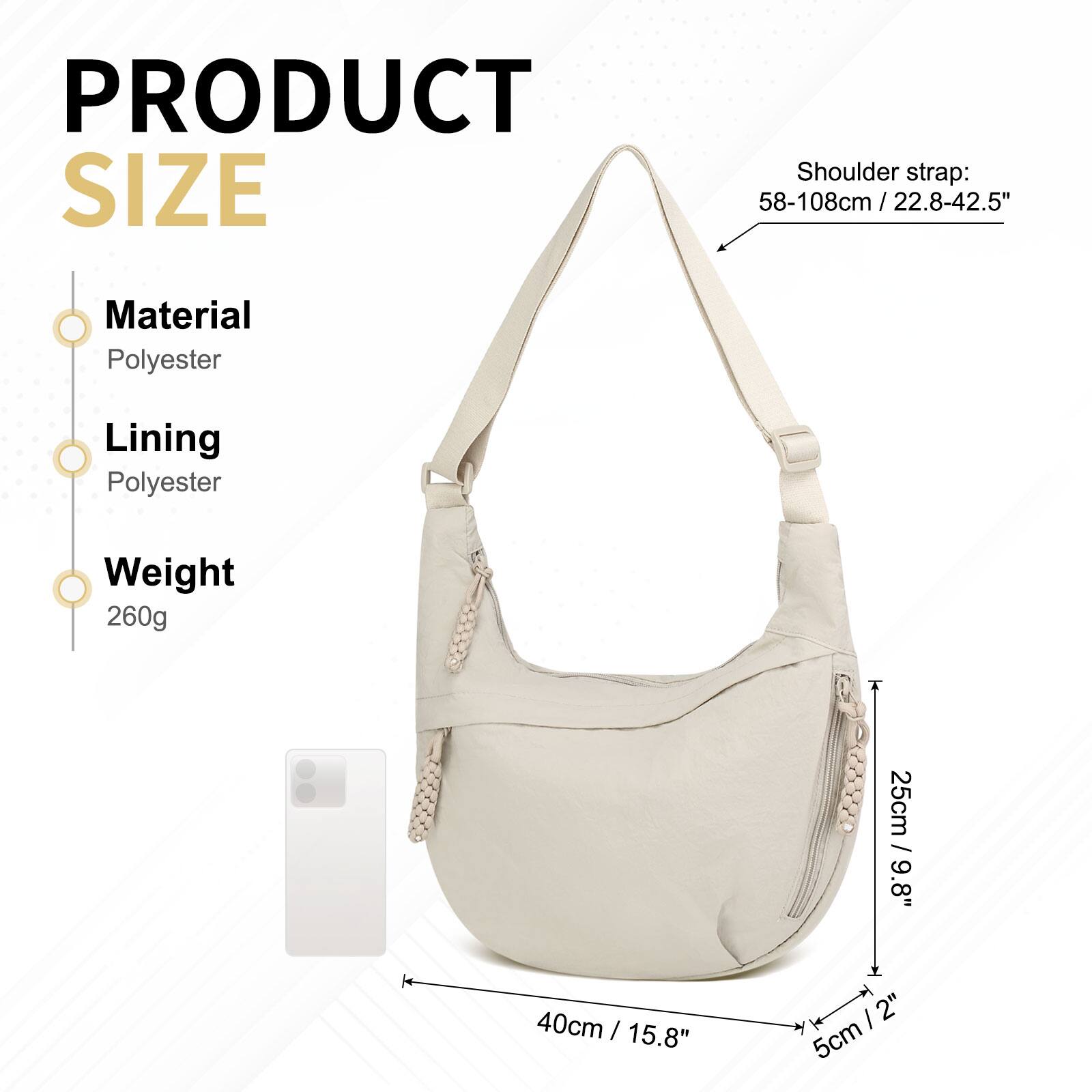 PRODUCT SIZE  
Shoulder strap: 58-108cm / 22.8-42.5"  
Material: Polyester  
Lining: Polyester  
Weight: 260g  

Dimensions:  
- 25cm / 9.8"  
- 40cm / 15.8"  
- 5cm / 2"