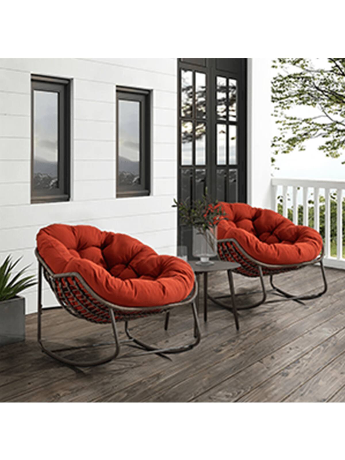 Trinkets Crazed - Outdoor Patio Rocking Chair Set Of 2,Comfy Wicker Rocker Chair With Padded Cushion,Oversized Rattan Papasan Egg Chair - Orange