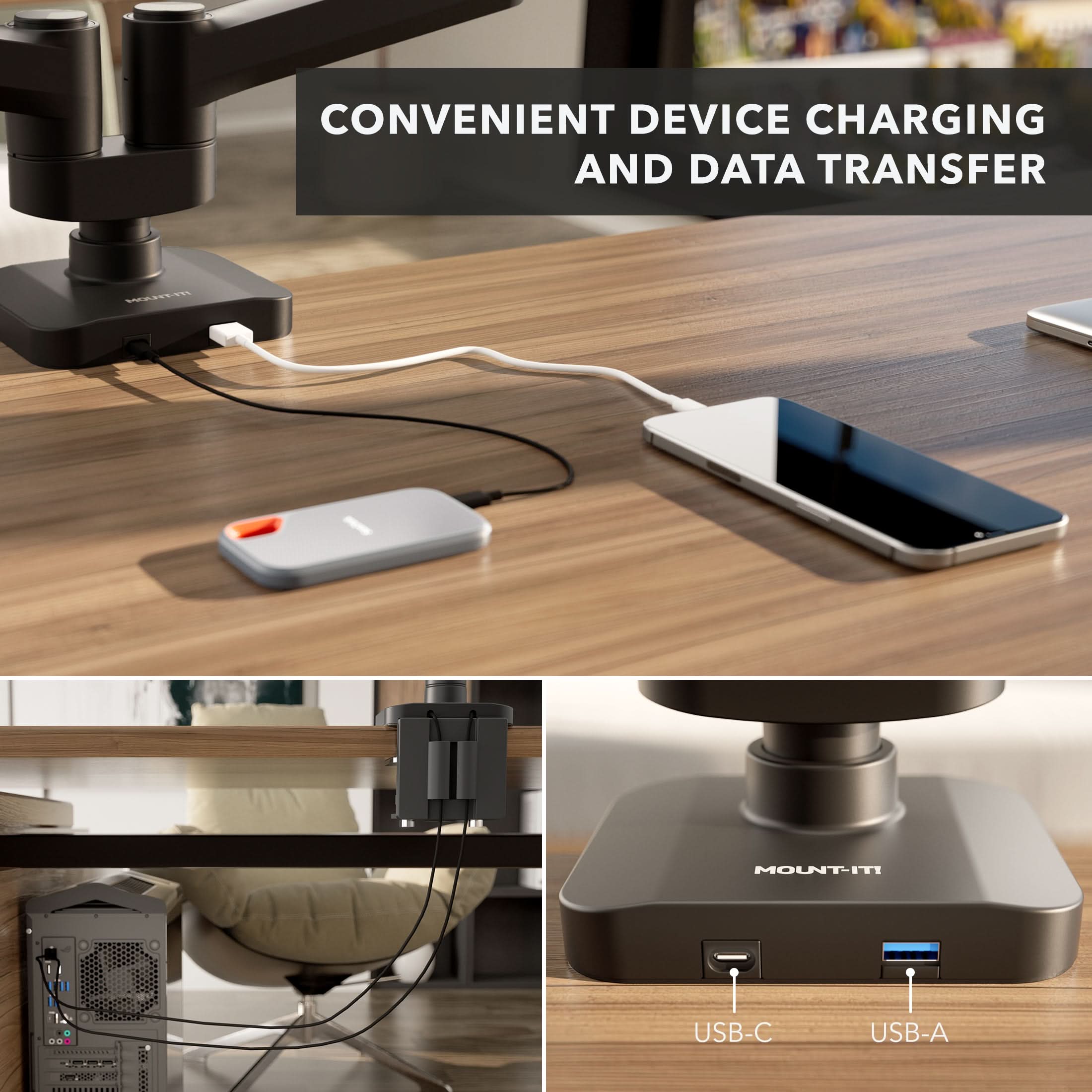 CONVENIENT DEVICE CHARGING AND DATA TRANSFER  
MOUNT-IT 11 GO USB-C USB-A