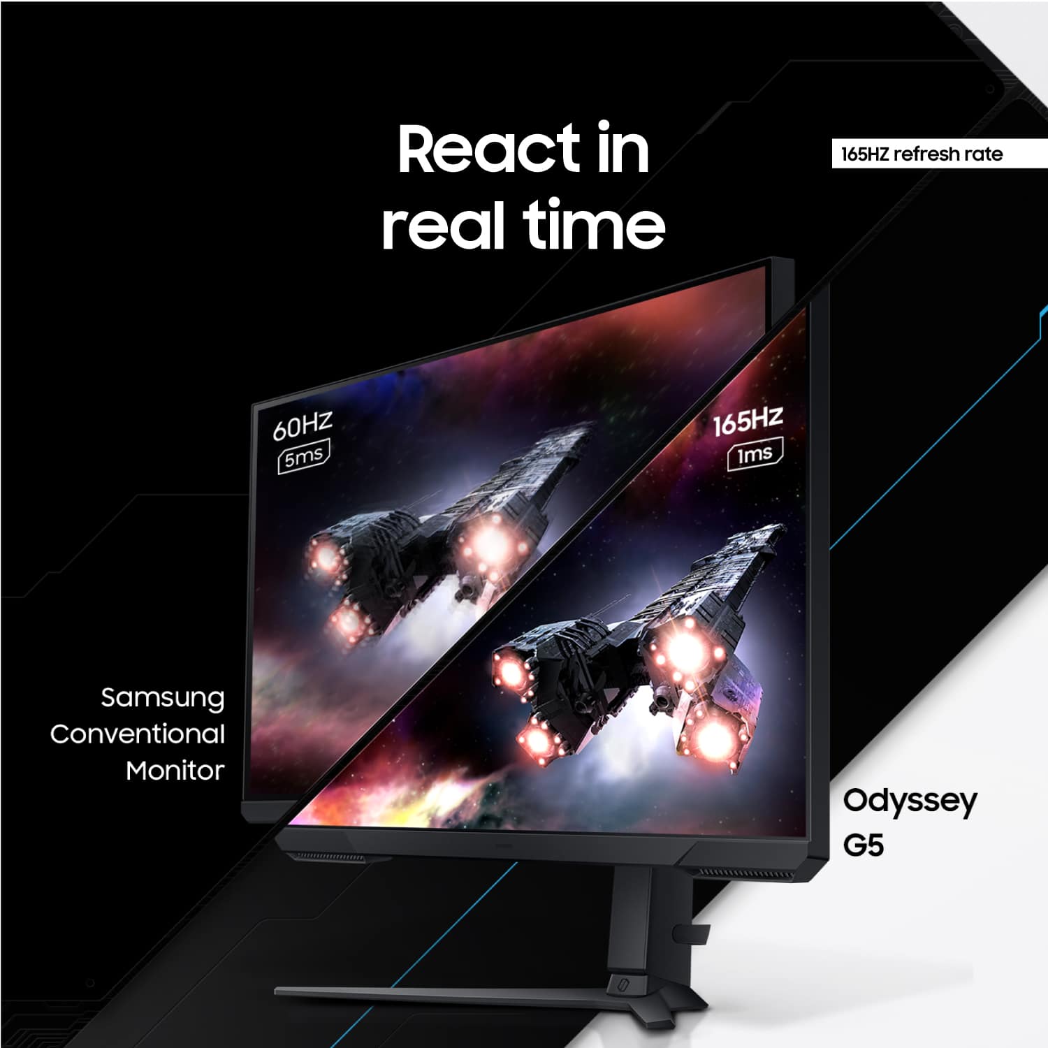 React in real time 165Hz refresh rate 60Hz 5ms 165Hz Ims Samsung Conventional Monitor Odyssey G5.