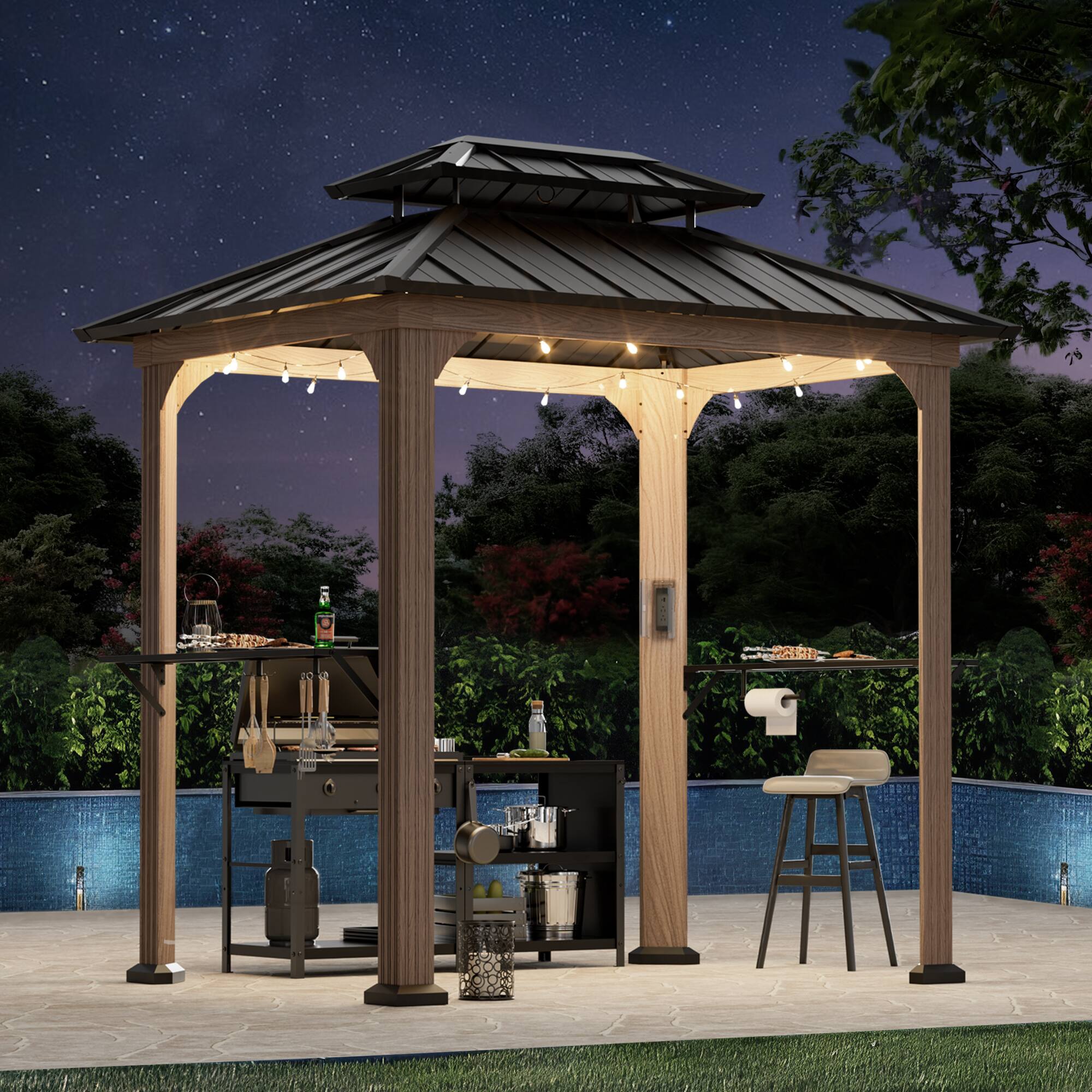 Angle. Modern Shade Outdoor Living Spaces - Modern Shade Grill Gazebo 6' X 8', Aluminum BBQ Gazebos with Shelves, Wood Grain - Wood Grain.