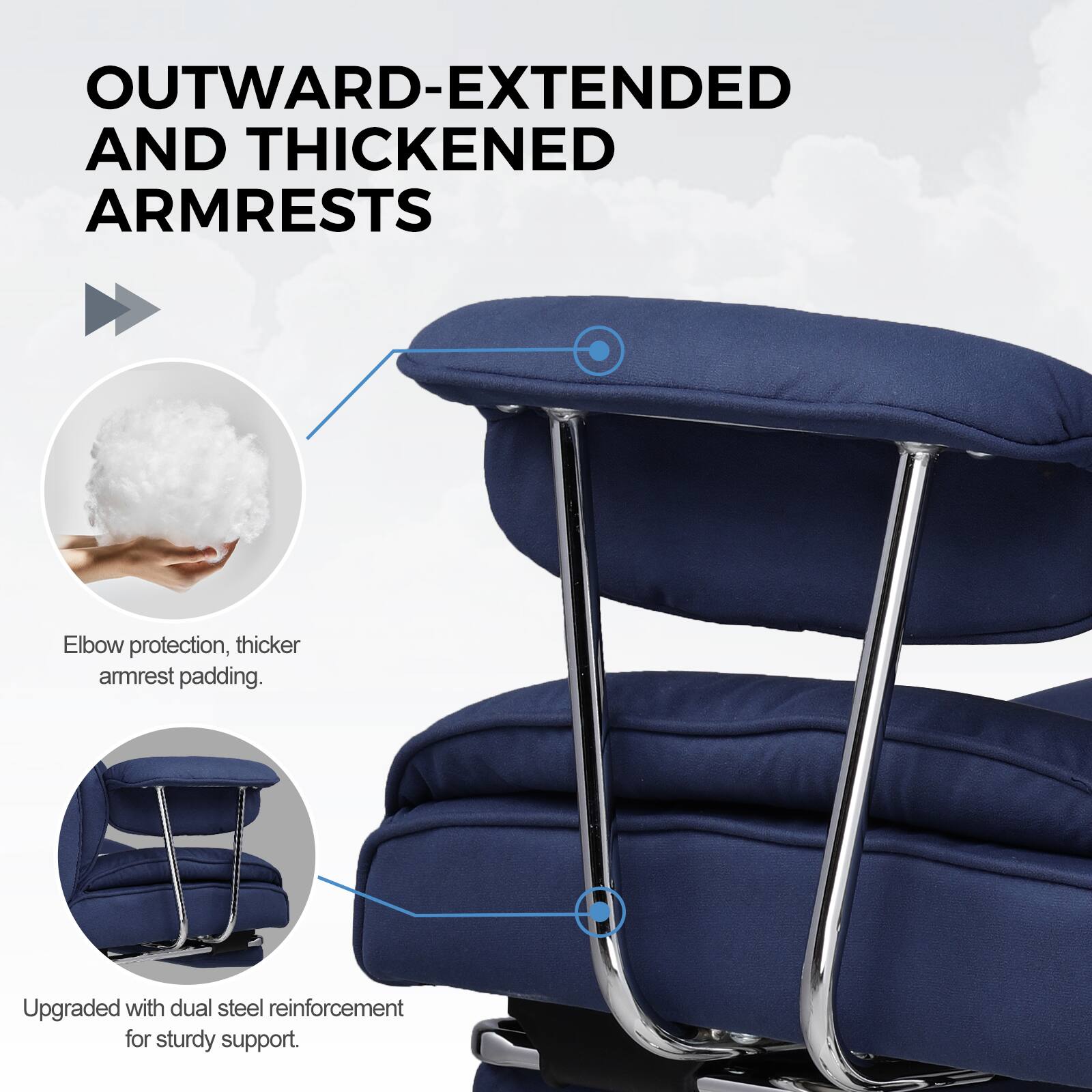 OUTWARD-EXTENDED AND THICKENED ARMRESTS

Elbow protection, thicker armrest padding.

Upgraded with dual steel reinforcement for sturdy support.