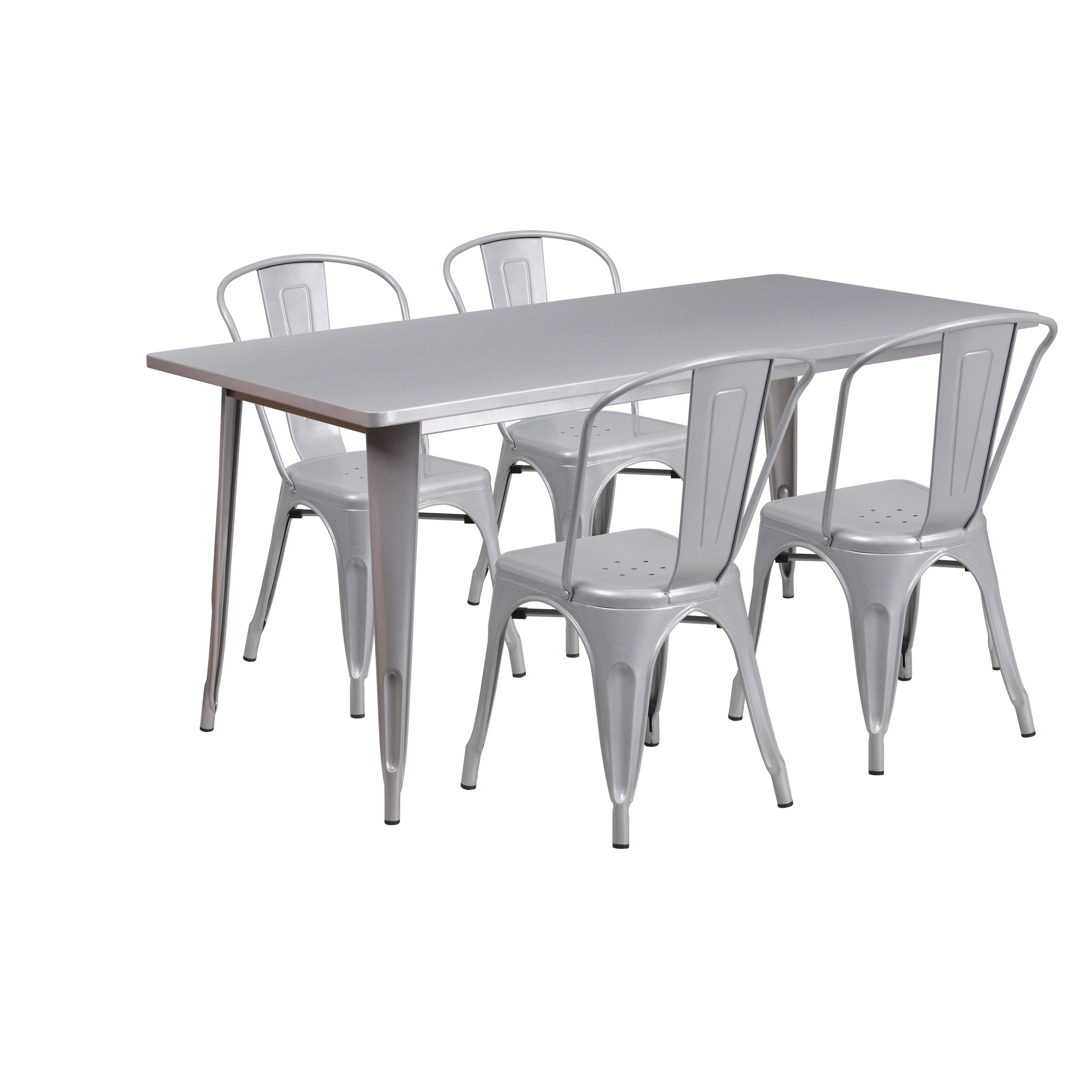 Alt View 1. Emma + Oliver - Commercial Grade Rectangular Metal Indoor-Outdoor Table Set with 4 Stack Chairs - Silver.