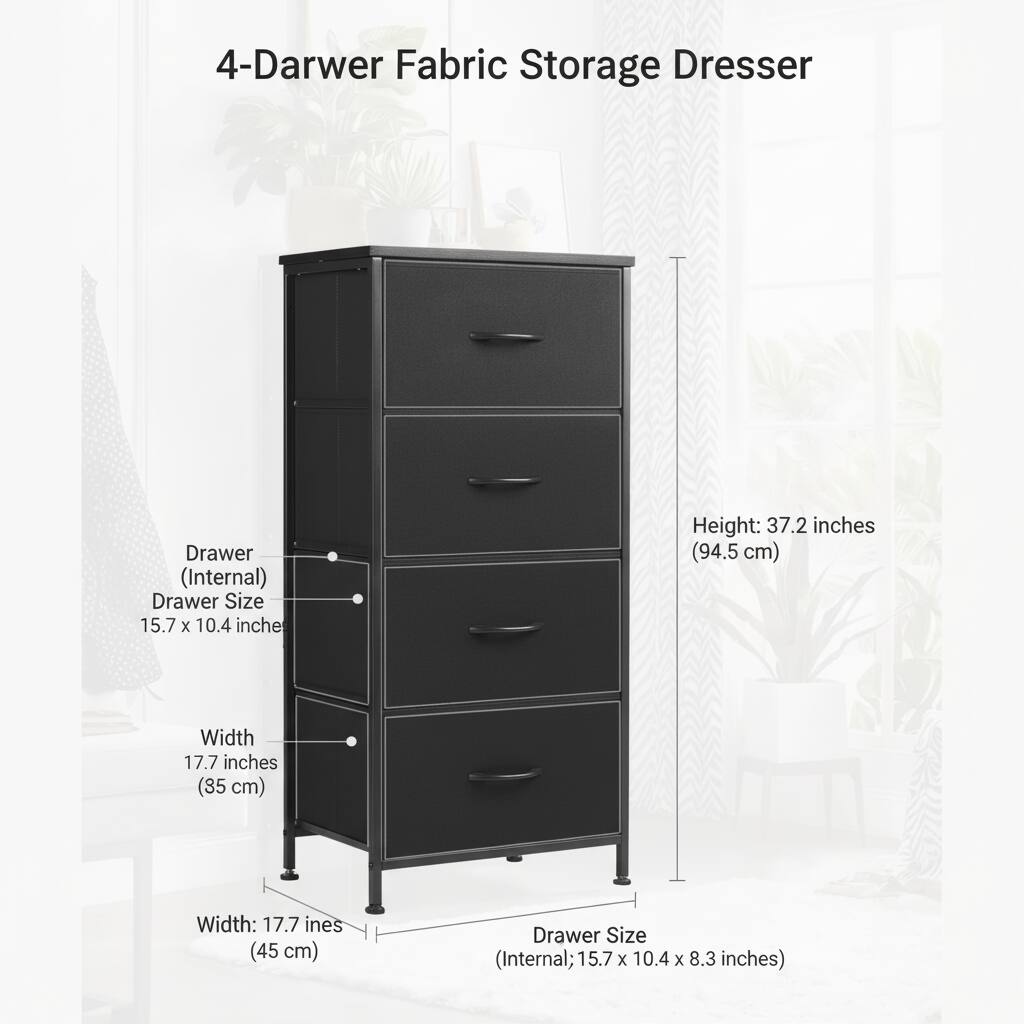 4-Drawer Fabric Storage Dresser

Drawer (Internal)  
Drawer Size: 15.7 x 10.4 inches

Width: 17.7 inches (45 cm)

Height: 37.2 inches (94.5 cm)

Drawer Size (Internal): 15.7 x 10.4 x 8.3 inches