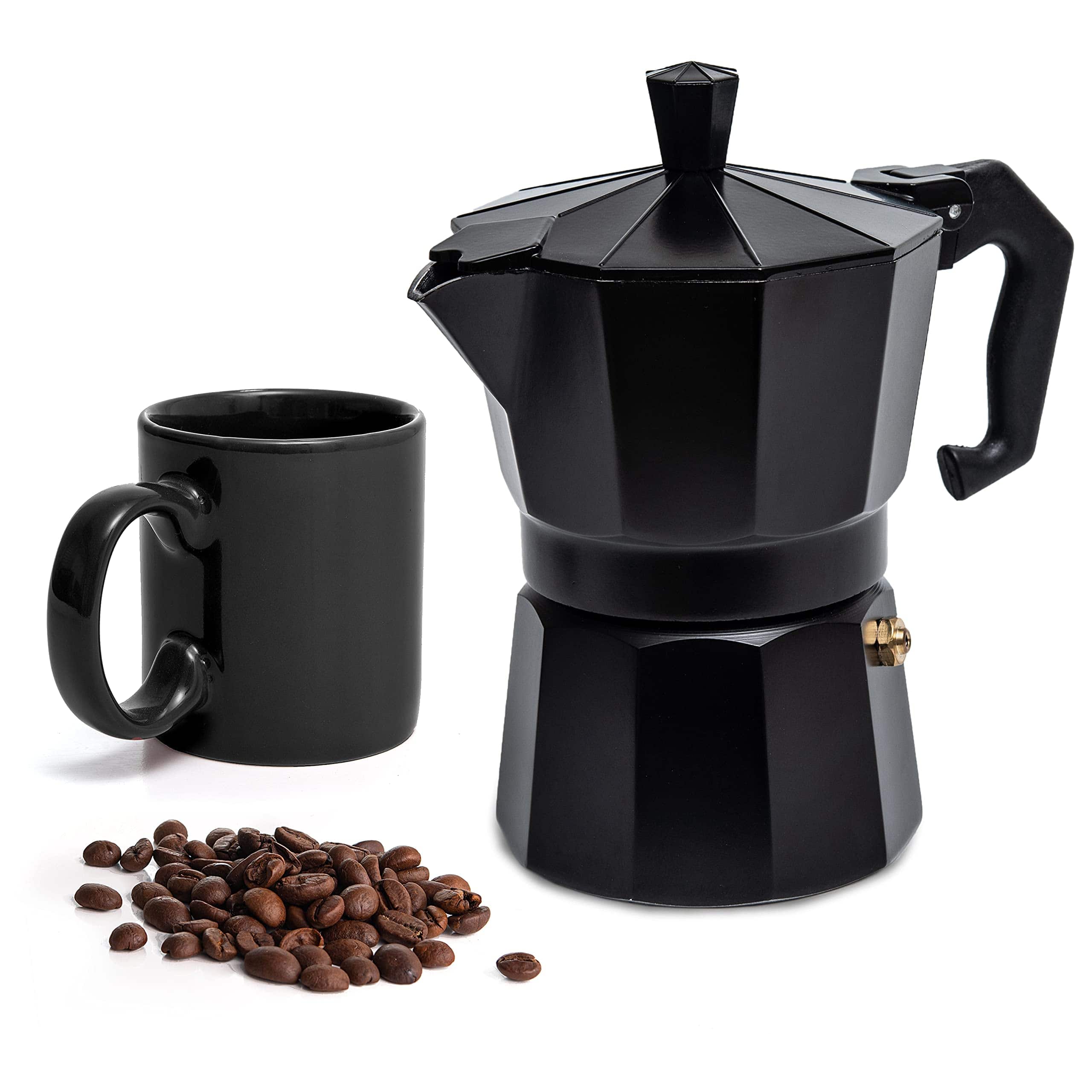 Dapper Styles - 3 Cup Moka Pot Cuban Coffee Maker For Gas Electric Stove Top Classic Italian Stovetop Espresso Camping Makes - Black-3 Espresso Cups with Mug