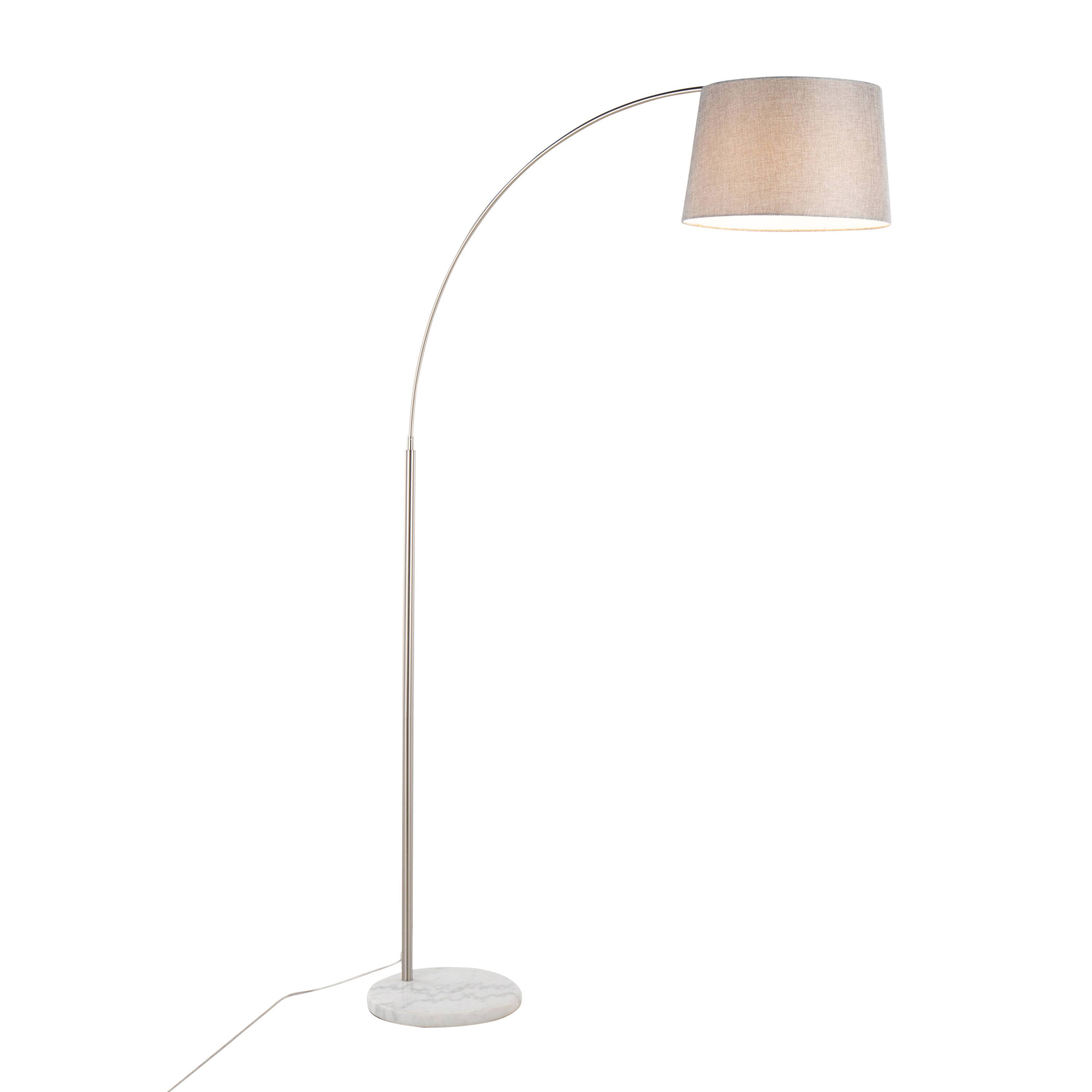 Angle. Loheer - Loheer March Contemporary Arc Floor Lamp White Marble Base Nickel Finish with Grey Linen Shade for Living Room - Nickel.