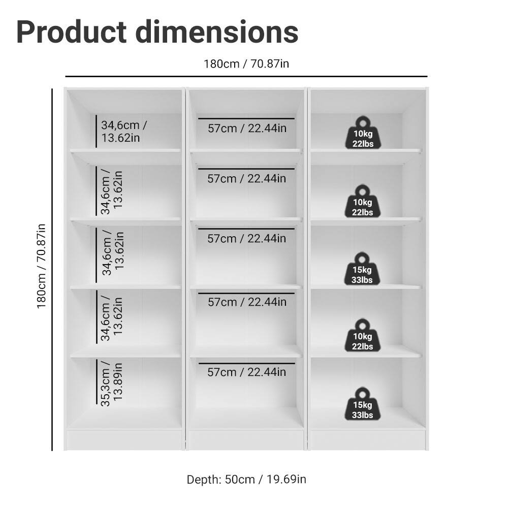 Product dimensions  
180cm / 70.87in  
34.6cm / 13.62in  
57cm / 22.44in  
10kg / 22lbs  
35.3cm / 13.89in  
Depth: 50cm / 19.69in