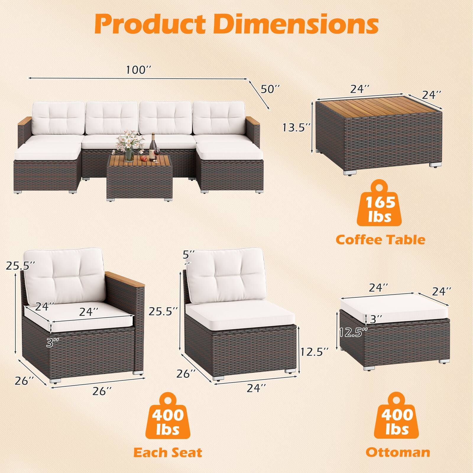 Product Dimensions

- Sofa: 100" x 50" x 13.5"
- Coffee Table: 24" x 24" x 5"
- Each Seat: 26" x 24" x 25.5" x 3"
- Ottoman: 24" x 12.5" x 12.5" x 3"

Weights:
- Coffee Table: 165 lbs
- Each Seat: 400 lbs
- Ottoman: 400 lbs