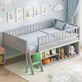 Gymax - Twin Size Loft Bed w/ Adjustable LED Lights Bookshelves Safety Guardrails Grey - Gray