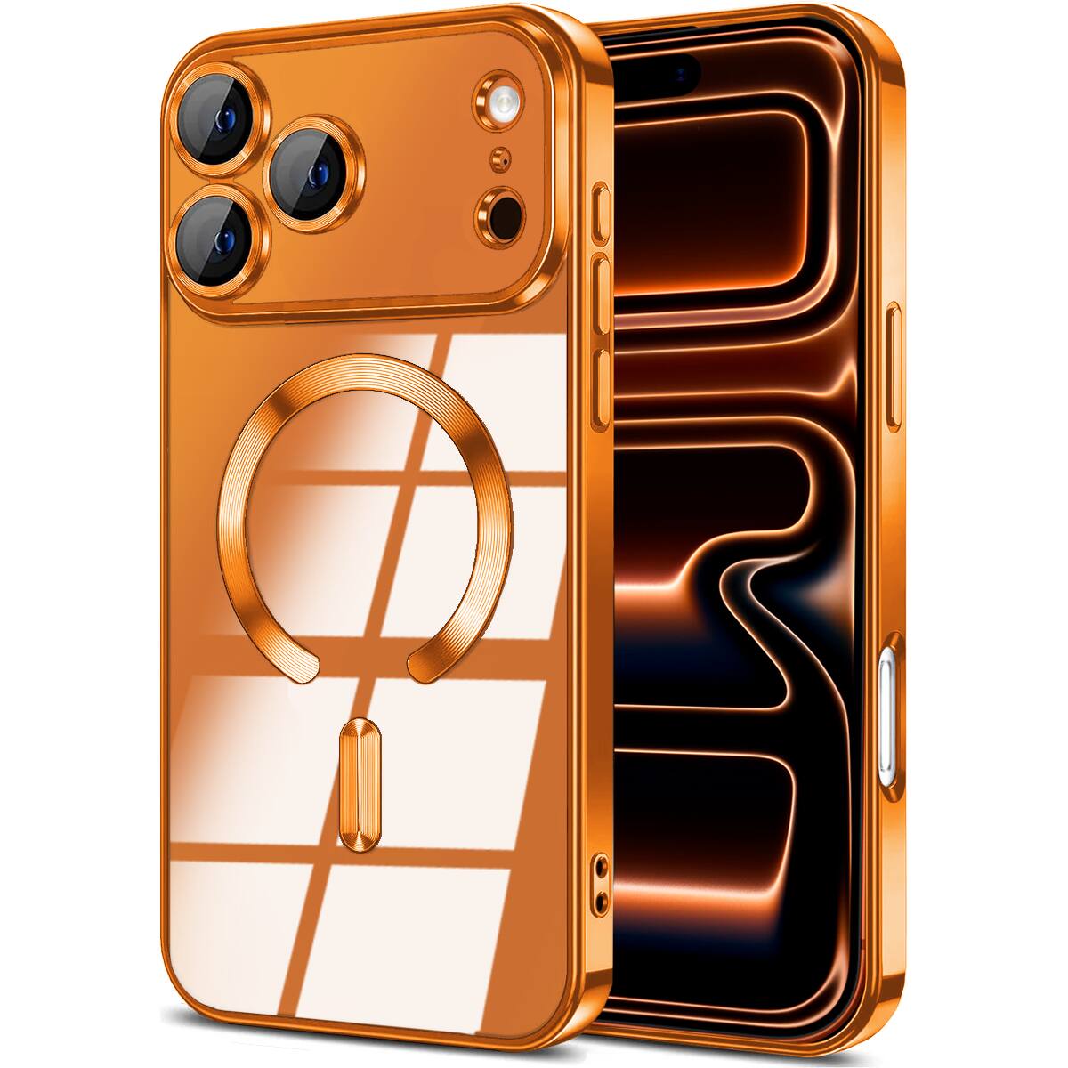 Entronix - [Magnetic] Case Compatible with iPhone 17 Pro - [Clear Back] Luxury Glossy Cover - Orange