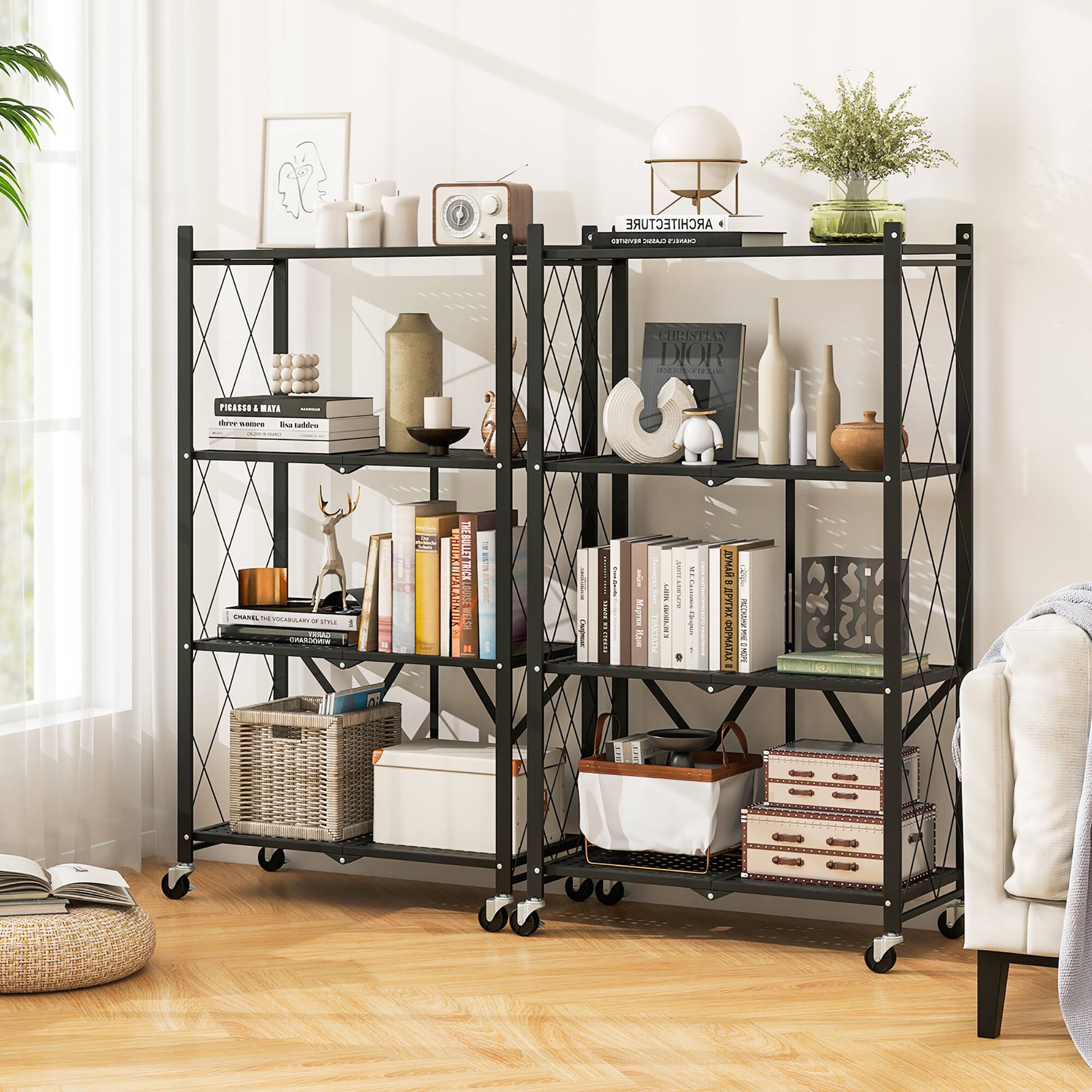 Alt View 1. Gymax - Gymax 2PCS 4-tier Foldable Storage Shelving Unit w/4 Universal Wheels for Kitchen - Black.