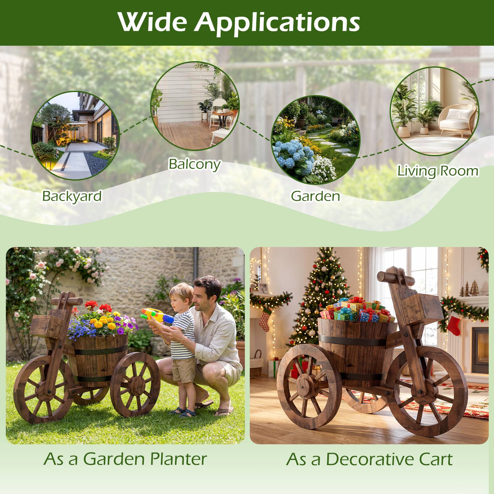 Wide Applications  
- Backyard  
- Balcony  
- Garden  
- Living Room  
- As a Garden Planter  
- As a Decorative Cart