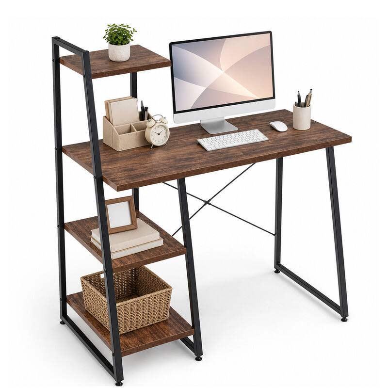 Alt View 4. WELLFOR - 39.5" Computer Desk with Shelves and 3-Tier Storage Bookshelf, Laptop PC Work Table Writing Desk for Small Spaces - Brown.