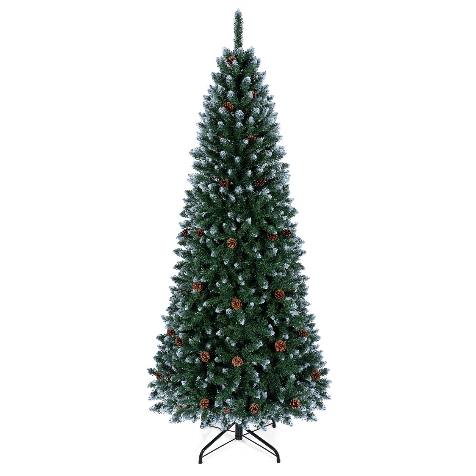 Alt View 1. Costway - 7 ft Frosted Pencil Christmas Tree Hinged with 39 Pine Cones - Green/White.
