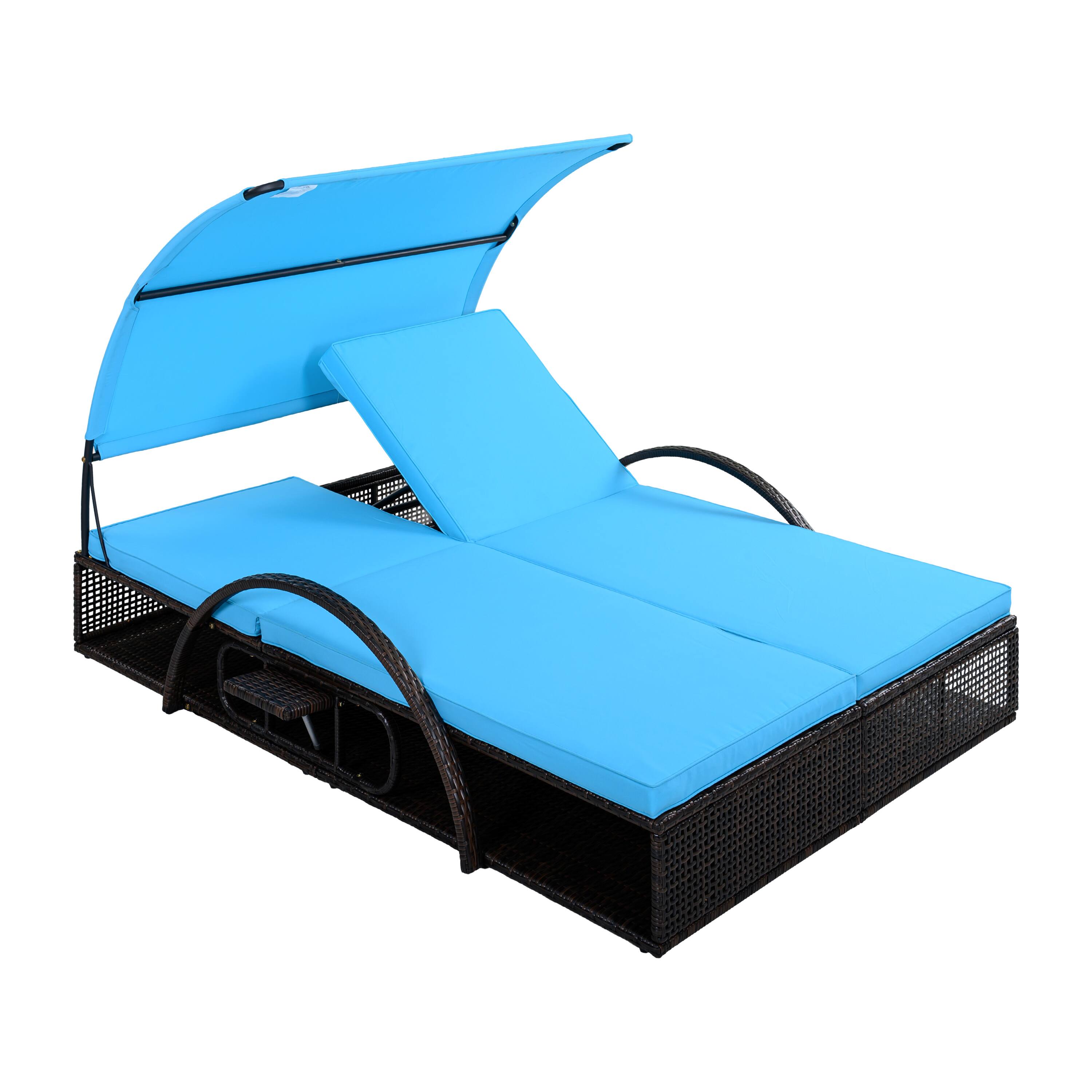 Left. Whisen - Outdoor Steel Frame Double Sun Lounger with Canopy, Adjustable Backrest & Side Tables - Blue.