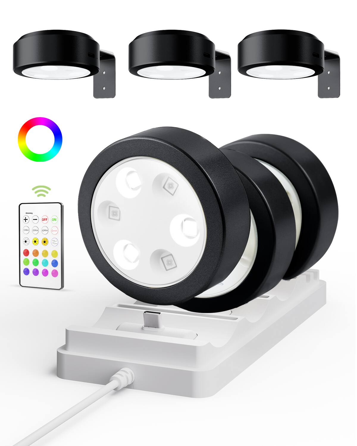 Front. EZVALO - Black LED Picture Light Wireless with Remote-RGB-6 Pack--Charging Base - Black.