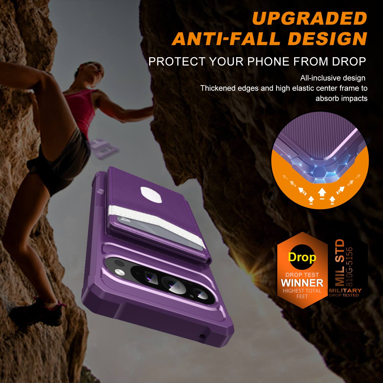 UPGRADED ANTI-FALL DESIGN  
PROTECT YOUR PHONE FROM DROP  

All-inclusive design  
Thickened edges and high elastic center frame to absorb impacts  

Drop TEST WINNER  
MIL 810G-5166  
HIGHEST TOTAL MILITARY FEET DROP TESTED