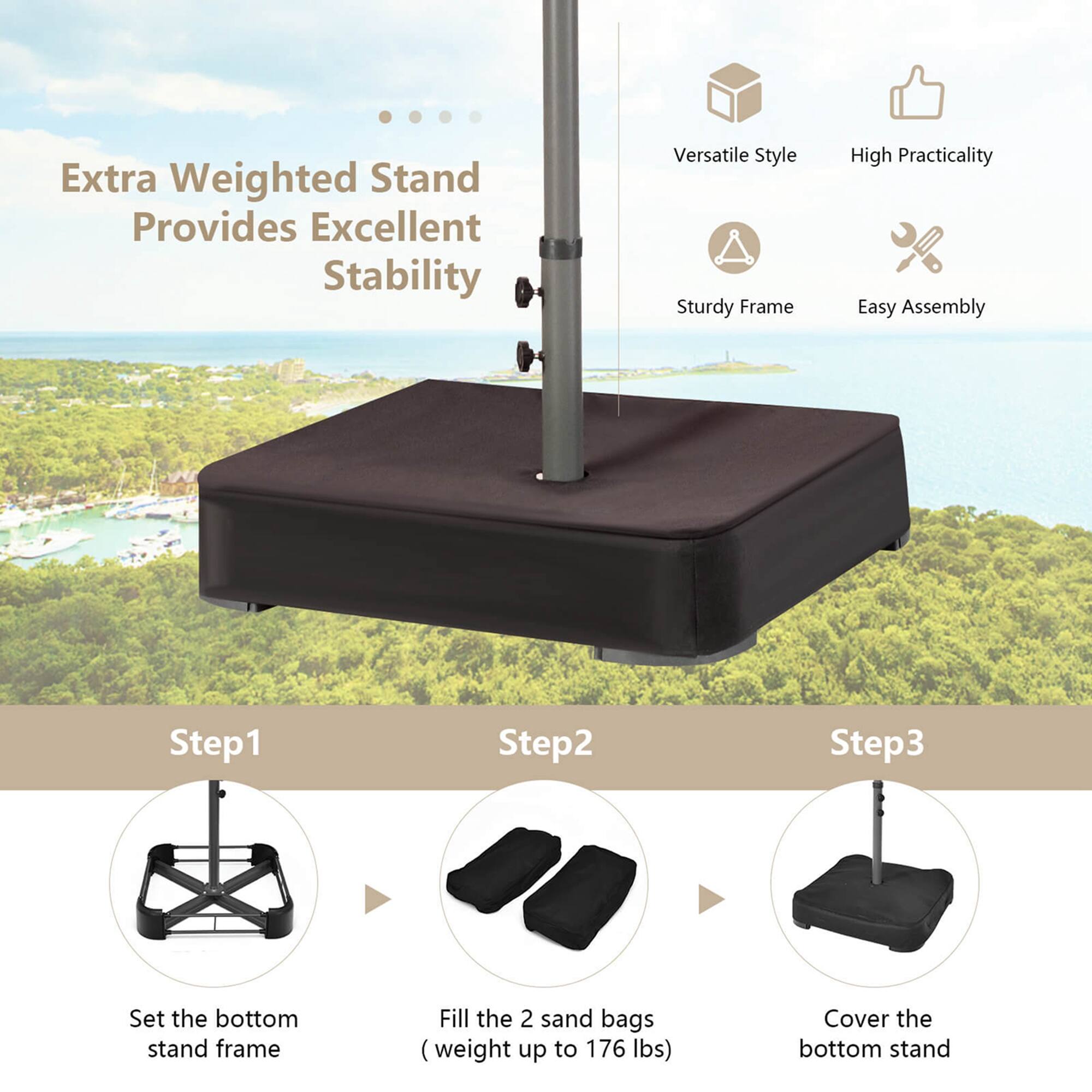 The image features a product that is an extra weighted stand with a versatile style, providing excellent stability. The stand has a sturdy frame and is easy to assemble, with a practical design. The product comes with a step-by-step guide, which includes setting the bottom stand frame, filling the two sand bags (weight up to 176 lbs), and covering the bottom stand.