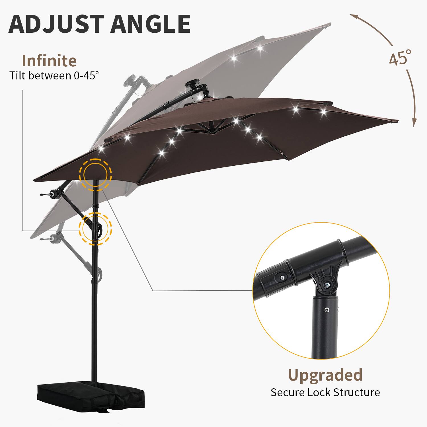 ADJUST ANGLE  
Infinite Tilt between 0-45°  

Upgraded Secure Lock Structure
