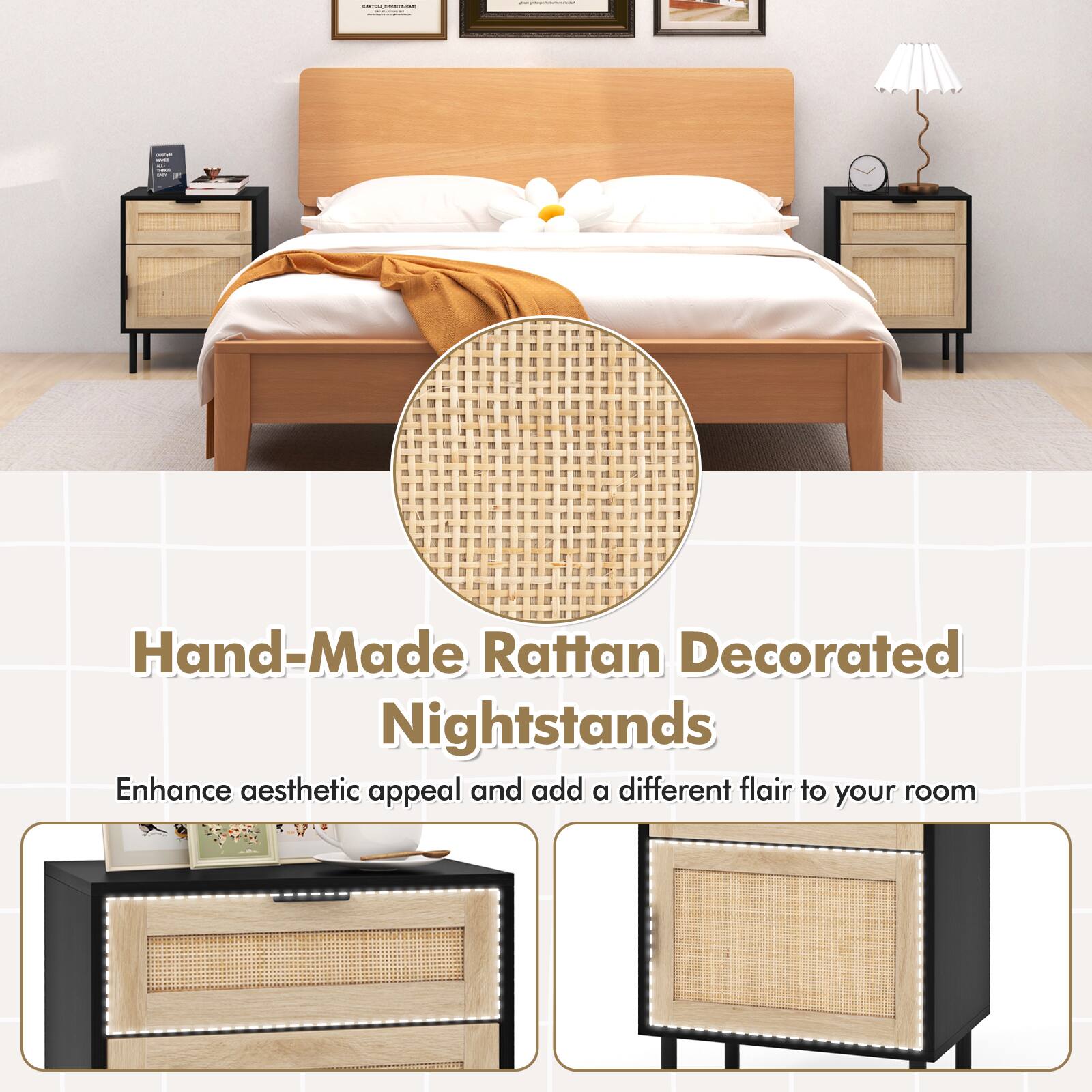 CONTOS DOORTHINGME  
-  
- 2011 C TOLE -  
Hand-Made Rattan Decorated Nightstands  
Enhance aesthetic appeal and add a different flair to your room