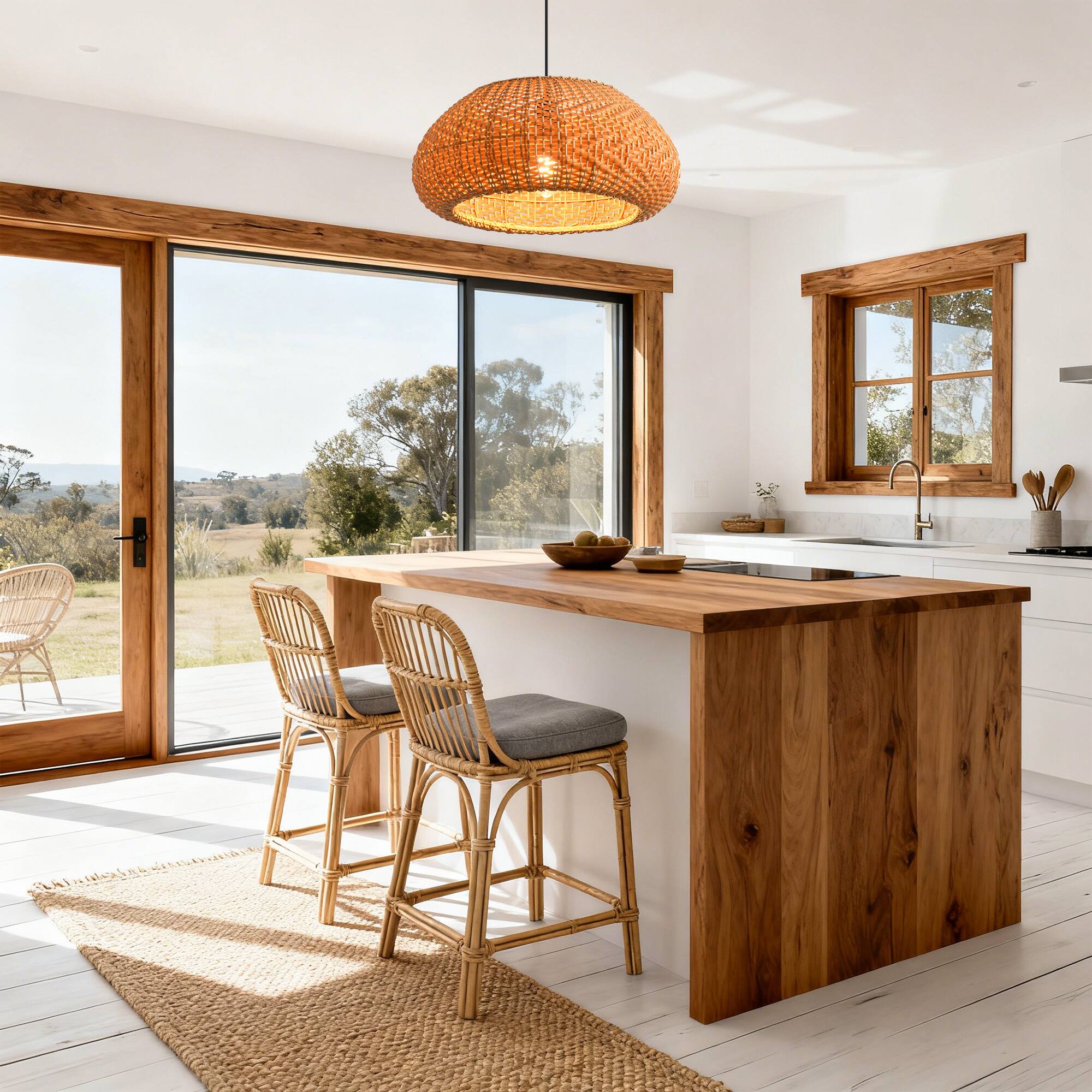 Left. Parrot Uncle - 1-Light Coastal Retro Brown Rattan Hand-Woven Cloche Hanging Cage Pendant Light.