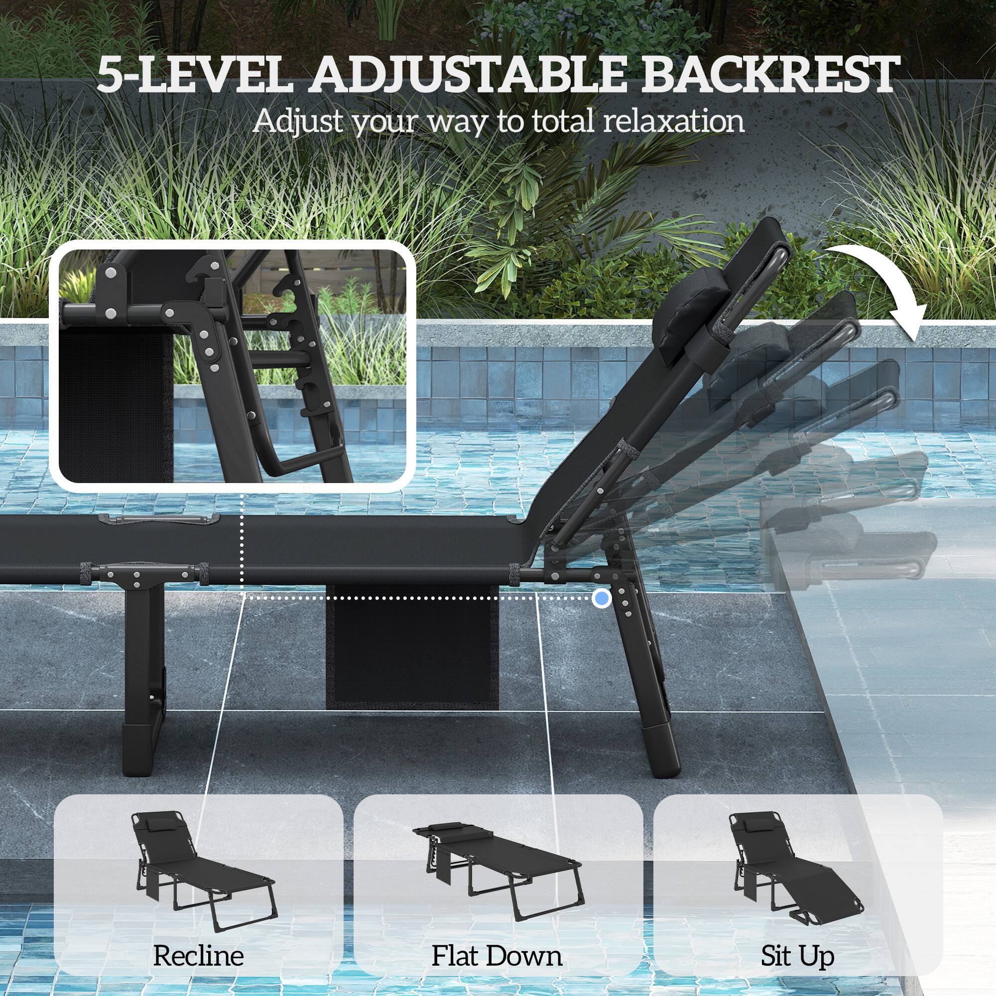 5-LEVEL ADJUSTABLE BACKREST  
Adjust your way to total relaxation  

Recline  
Flat Down  
Sit Up