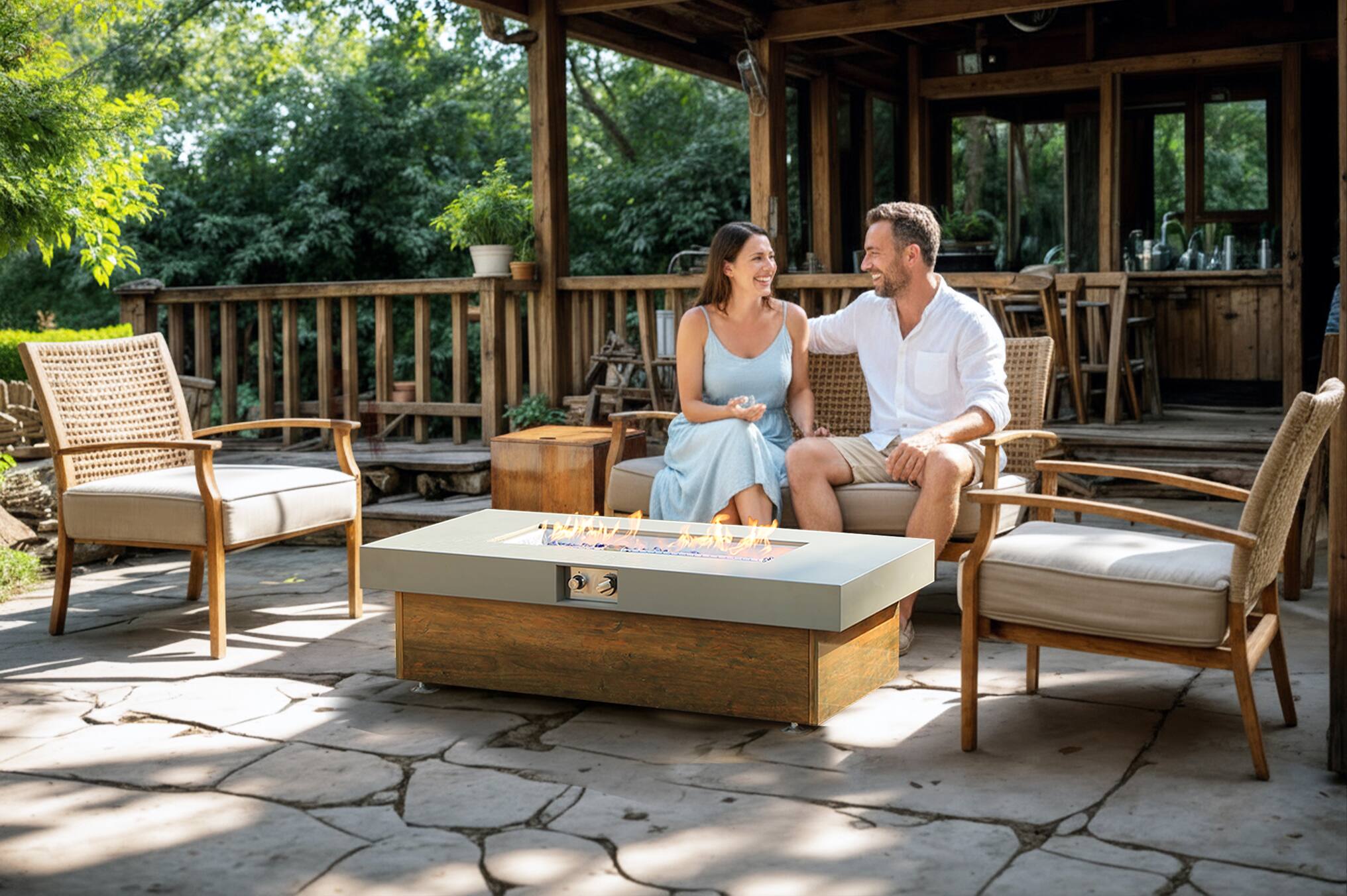 Angle. PexFix - 48" Propane Fire Pit Table, 50,000 BTU Outdoor Heater with Wood Grain Finish & Cover for Patio - Brown.