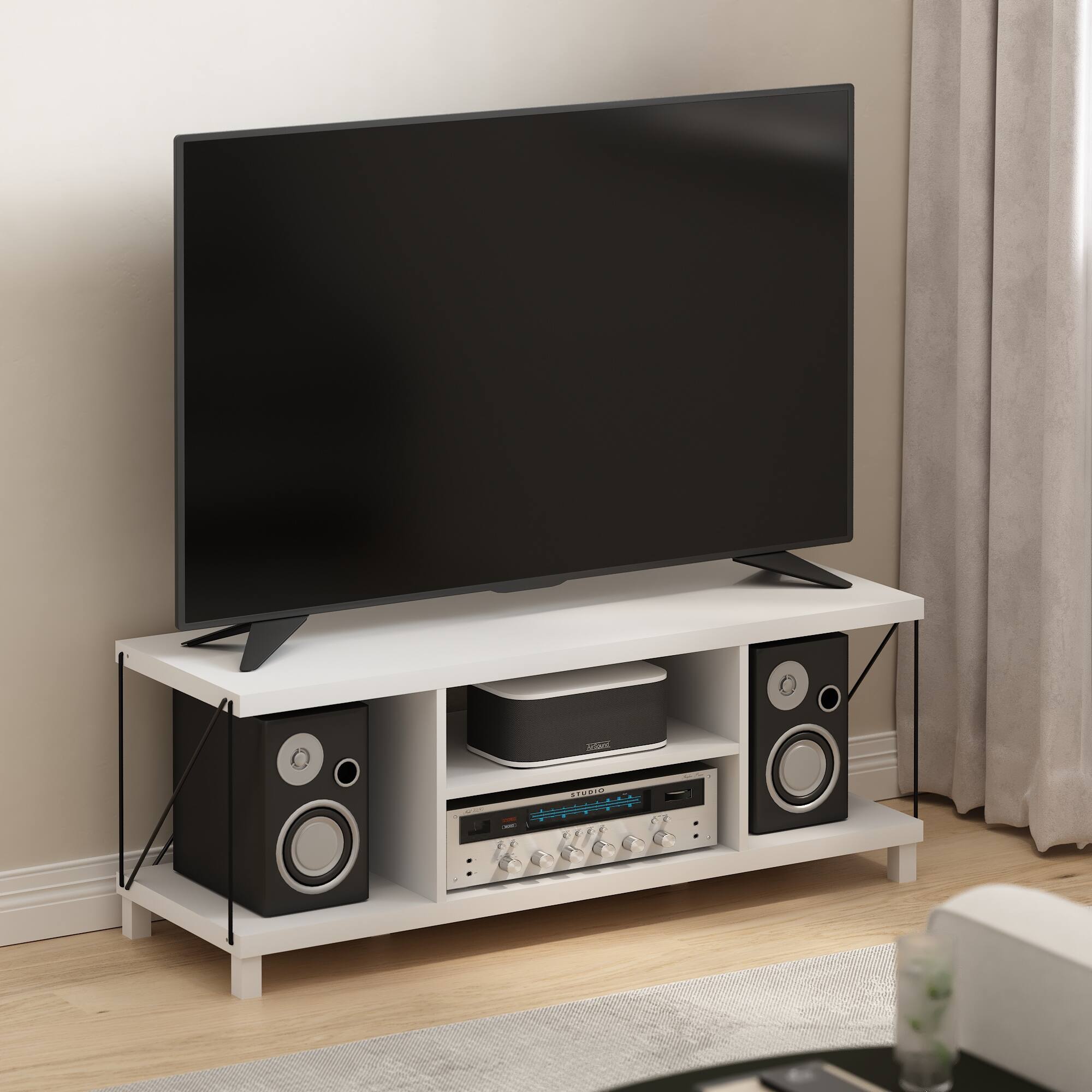 Alt View 5. Furinno - Besi No Tools Assembly Industrial Style TV Stand, Entertainment Center for 50 inch TV - White.